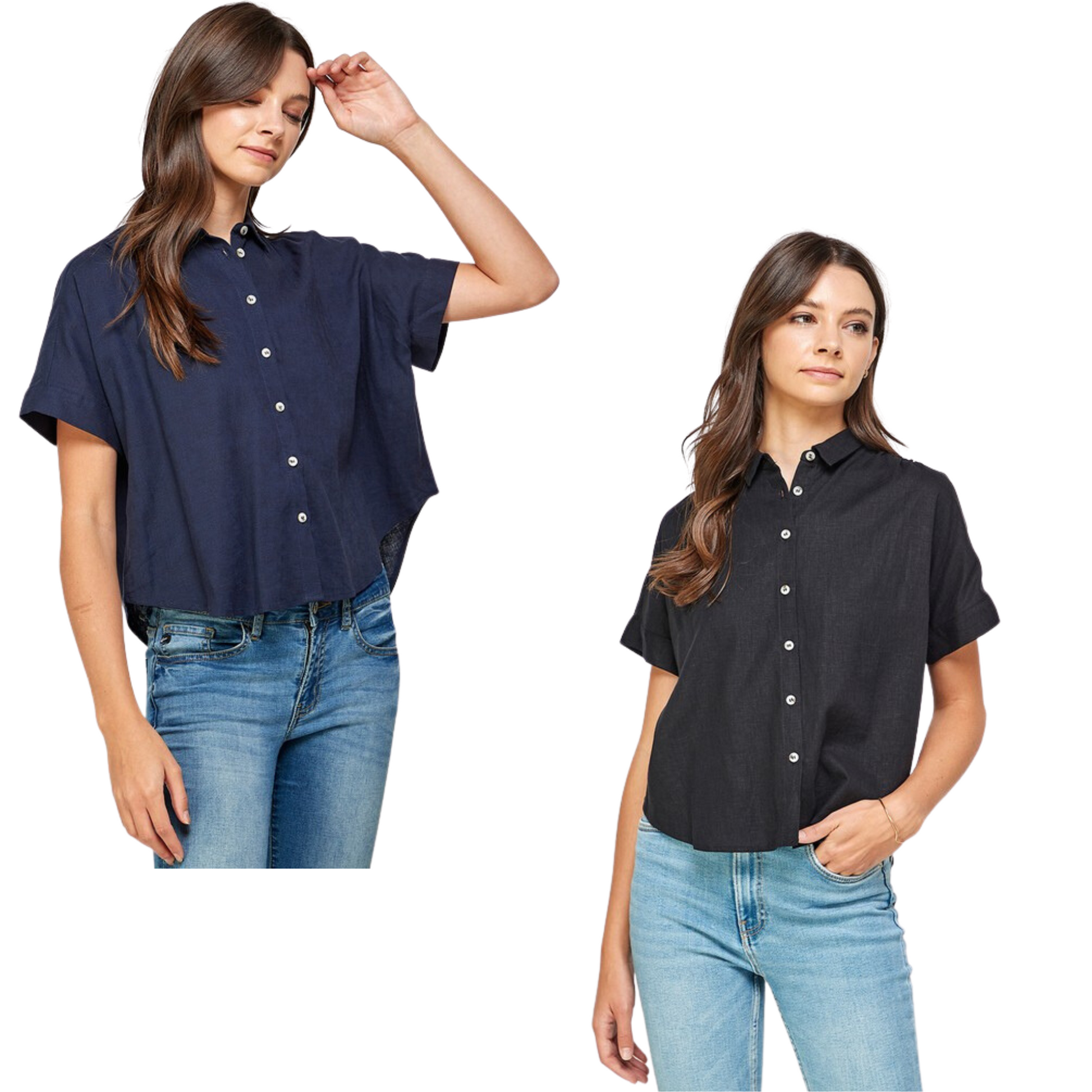 This button-down top is designed to provide a classic, timeless look. With two color options--navy or black--you're sure to find the perfect fit for your wardrobe. The simple yet elegant design is perfect for any occasion.