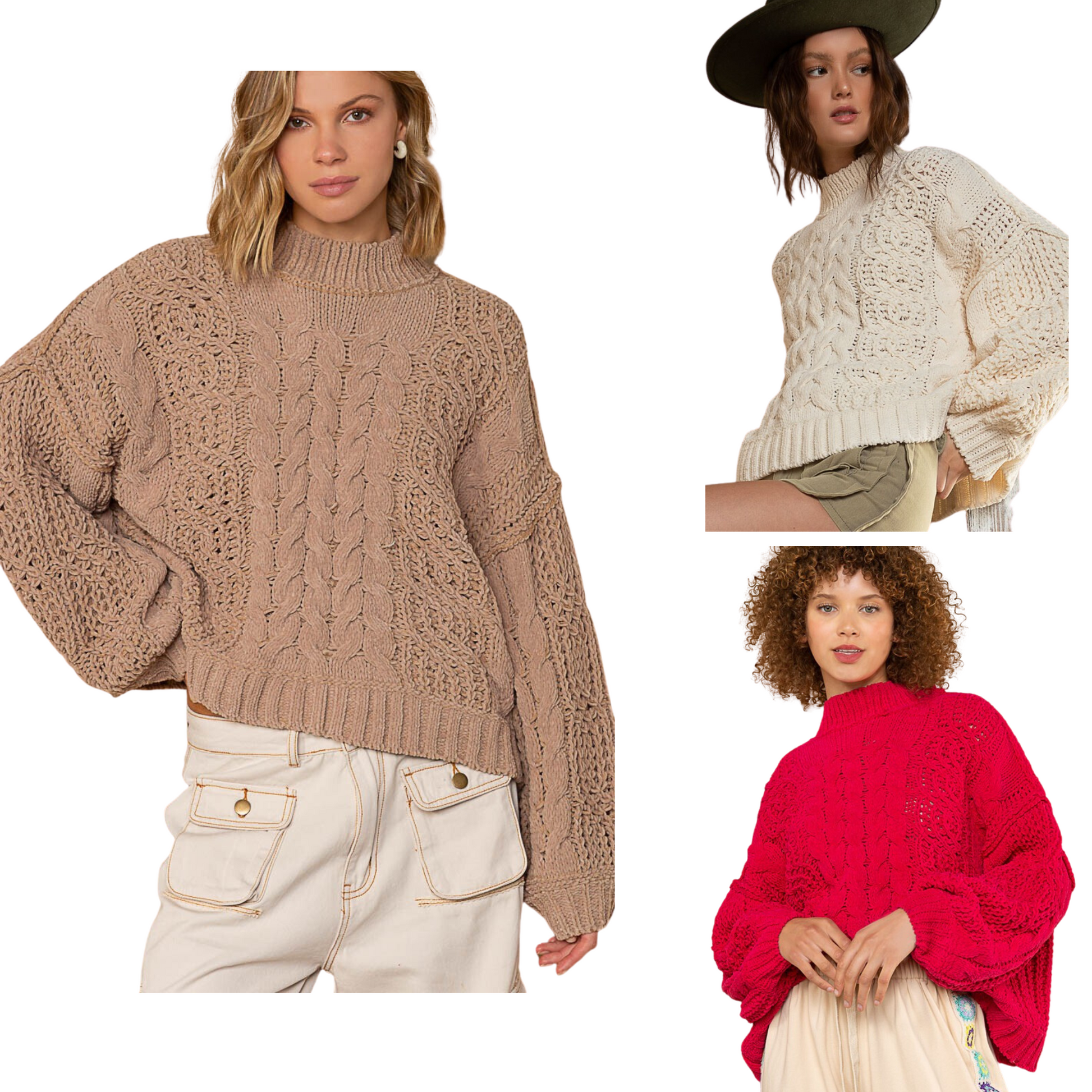 This Mock Neck Cable Knit Sweater is designed with a mock neck, balloon sleeve, and roomy fit. It's crafted with a chenille pullover sweater and a twisted cable knitting detail that comes in either magenta or mocha beige. Look stylish without sacrificing comfort in this cabled sweater.