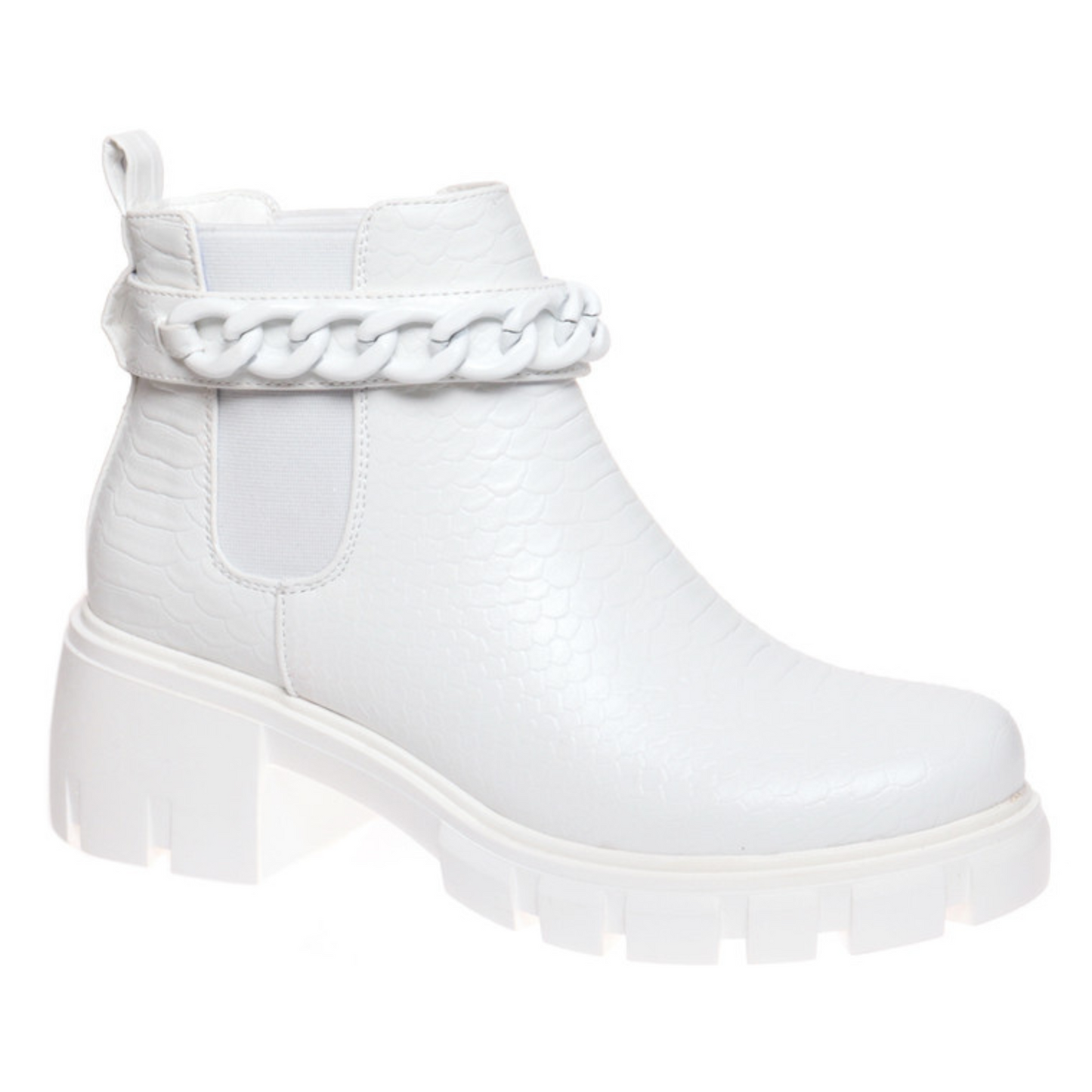 The Camden-3 booties by Pierre Dumas are an essential for any wardrobe. Featuring a white color and chain link accent, these classic heel booties are sure to make a statement. Crafted with quality materials, they'll become your favorite go-to shoes.