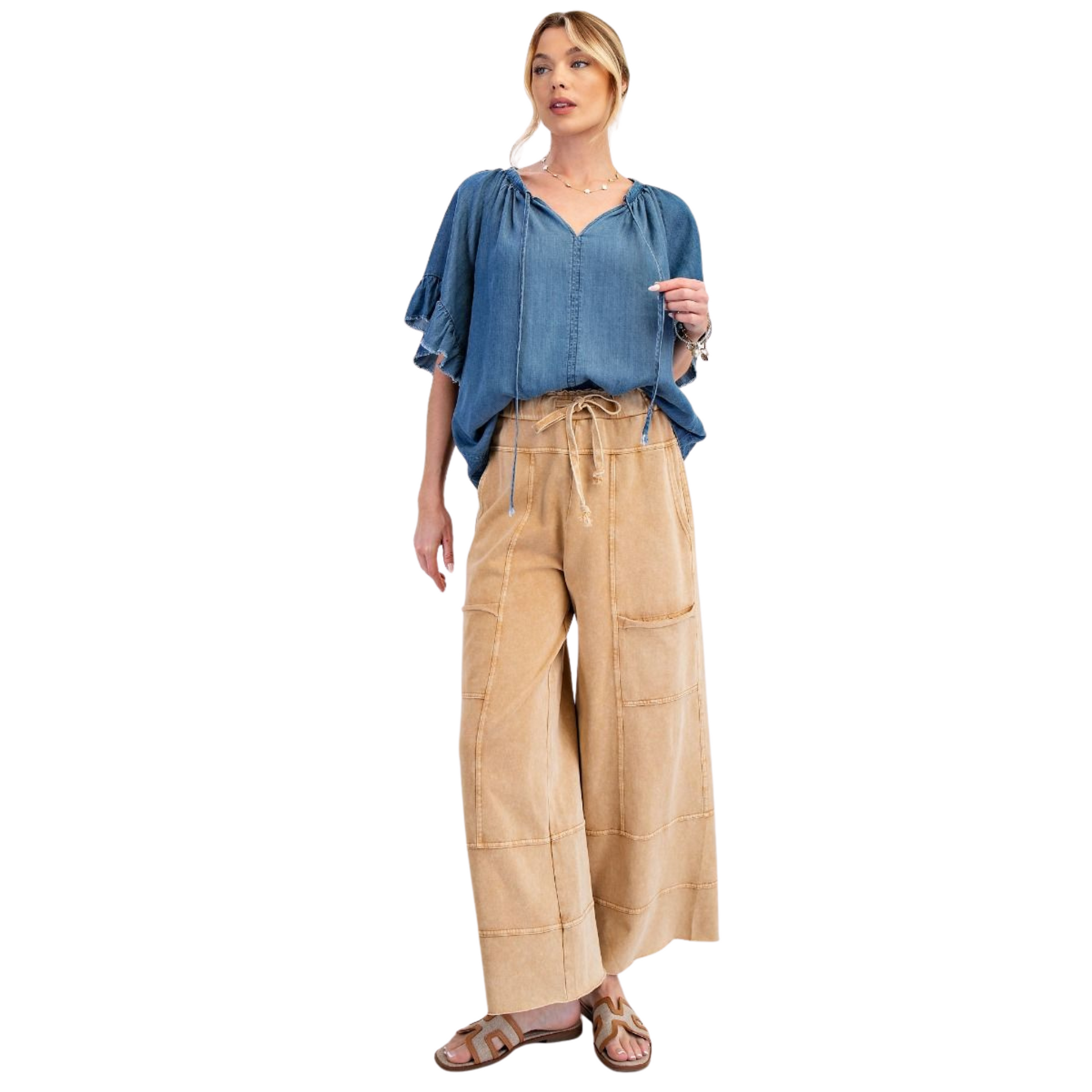 Mineral Washed Terry Knit Pants in Camel