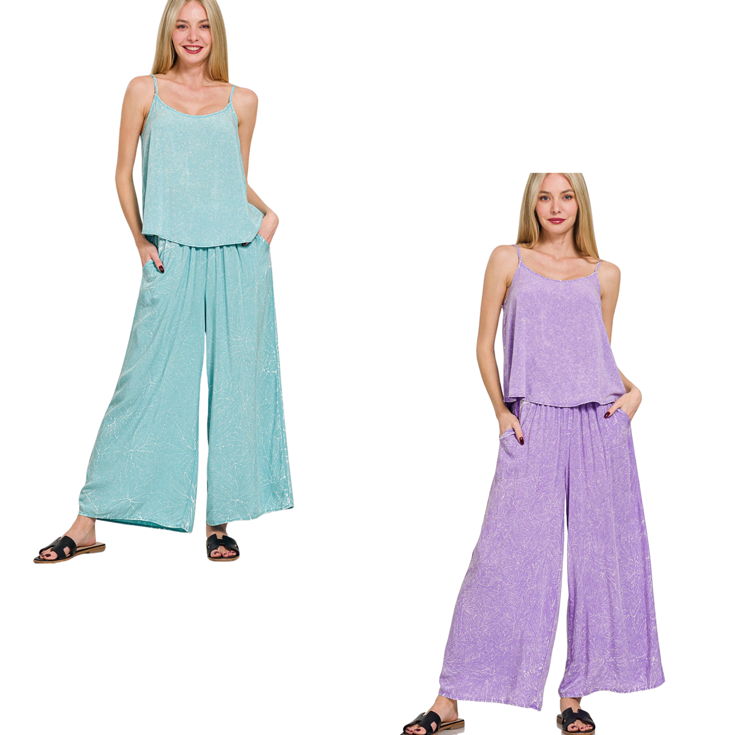 Elevate your loungewear collection with this Zenana cami and pants set, crafted from acid crinkle washed fabric that delivers effortless texture and visual interest. The relaxed-fit cami pairs seamlessly with coordinating pants for a cohesive, put-together look that transitions from home to casual outings. Available in sophisticated Dusty Teal and Lavender, each shade offers versatile styling options. The crinkled finish adds dimension while maintaining breathability, making this set an ideal choice for com