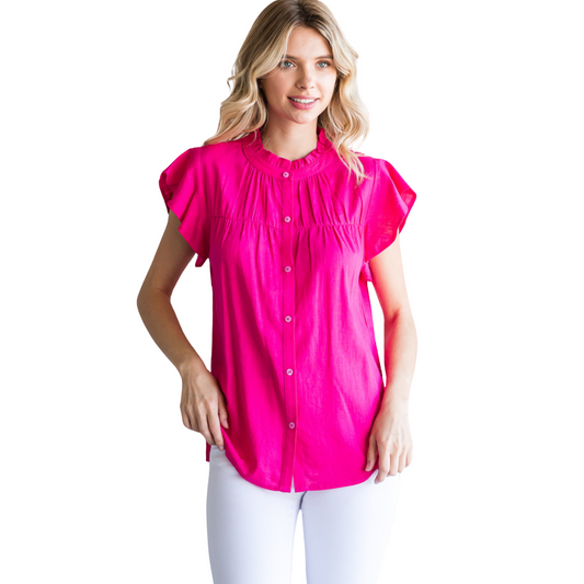 This Cap Sleeve Top features a solid button-up design with a frilled neck, shirring detail bodice, and ruffled cap sleeves. It is crafted in a vibrant hot pink color, perfect for adding a pop of color to any outfit. Made with high-quality materials for comfort and style.