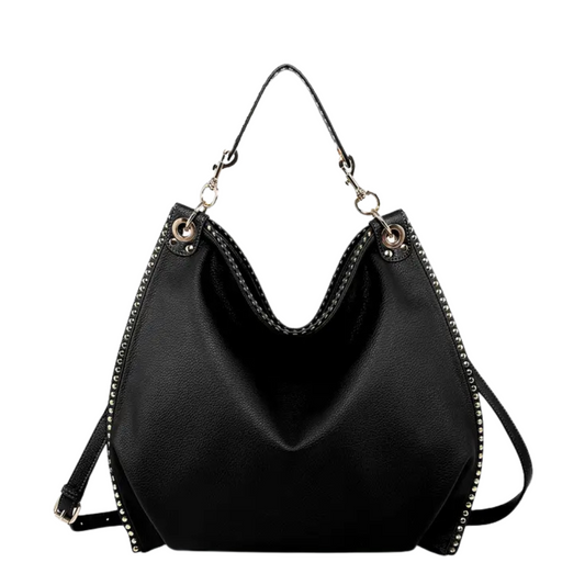 The Carly Studded Slouchy Hobo Bag by Jen &amp; Co. combines sleek black leather with subtle stud detailing for a refined yet edgy look. Its spacious, slouchy design offers ample room for daily essentials, making it both stylish and practical. Expertly crafted, this bag balances fashion and function, perfect for those seeking a versatile accessory that complements a variety of outfits.