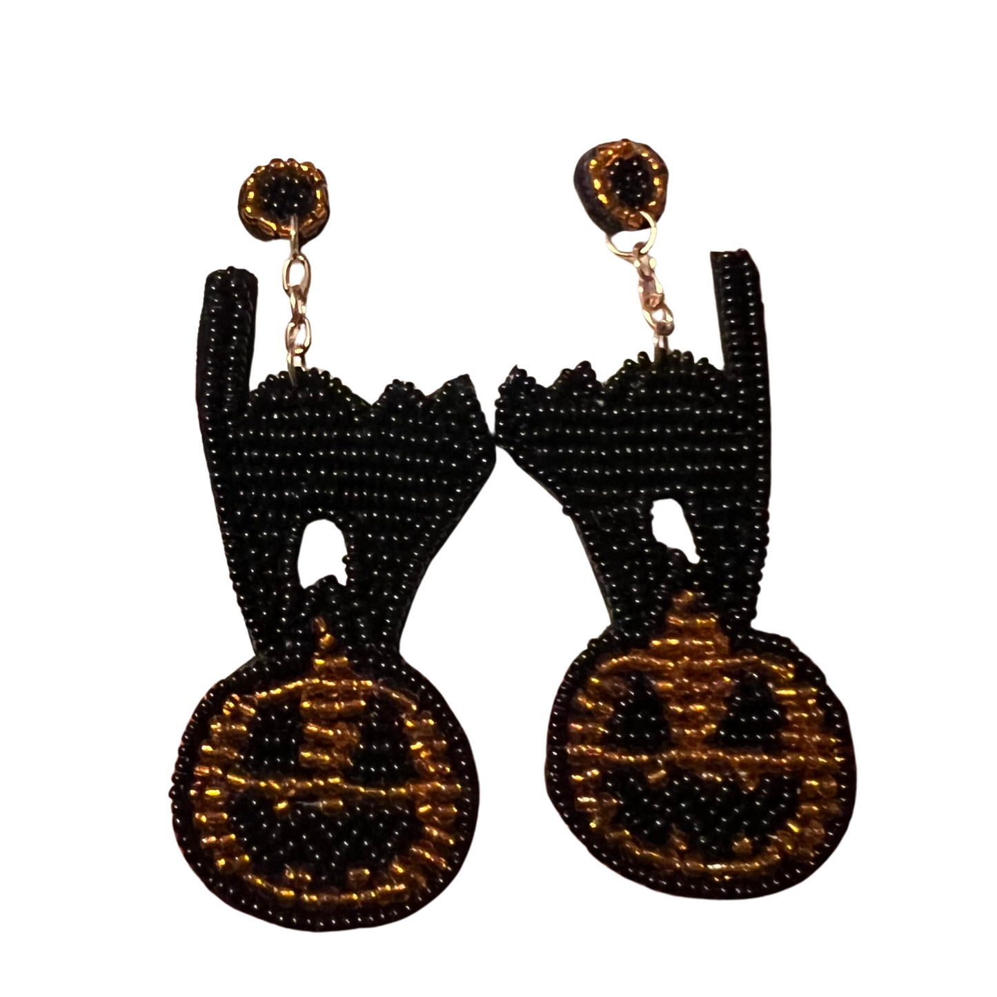 black cat with jack o'lantern Halloween earrings