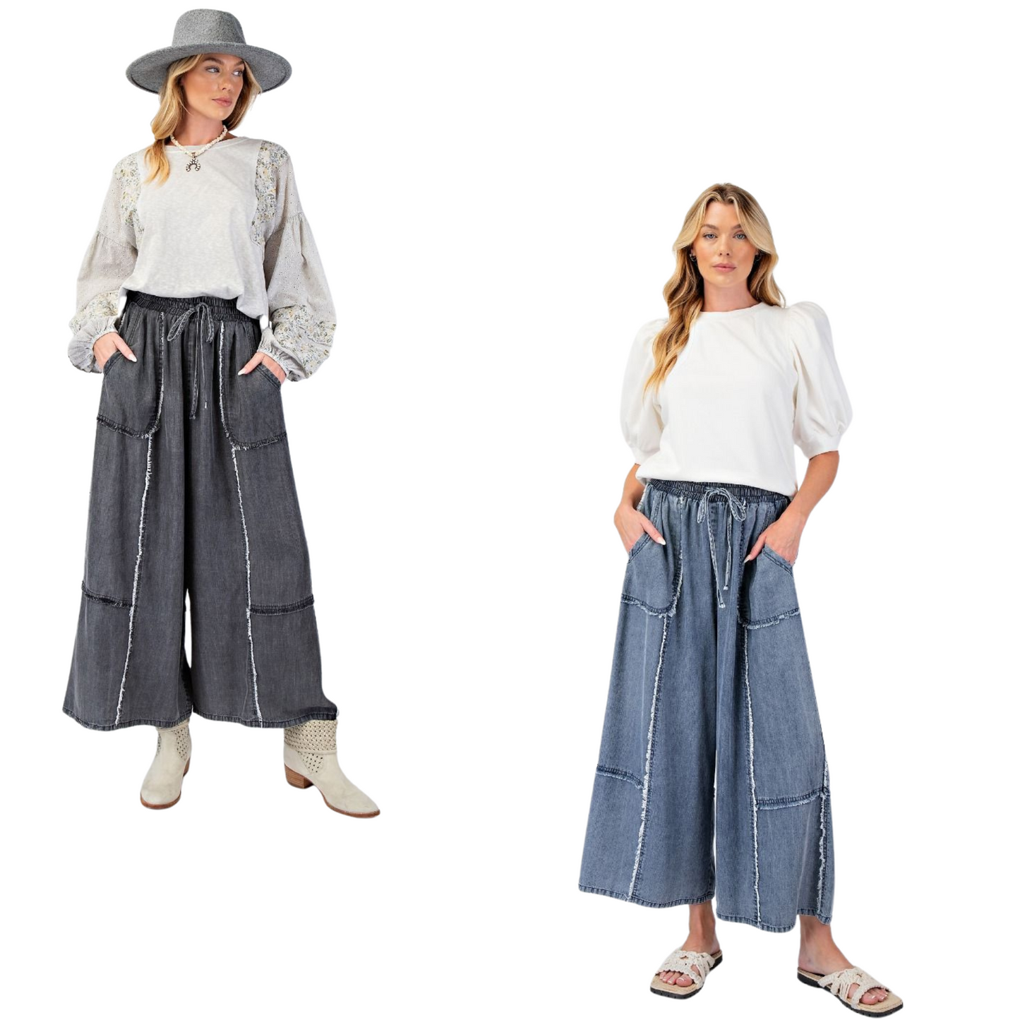 Update your wardrobe with our Chambray Palazzo Pants! These washed denim pants offer a relaxed and loose fit, perfect for a comfortable and stylish look. The smocked waistband with an adjustable tie provides a flattering silhouette while the frayed panel detailing adds a touch of uniqueness. With functional front pockets and a wide leg design, these pants are both practical and chic. Available in regular and plus size.&nbsp;