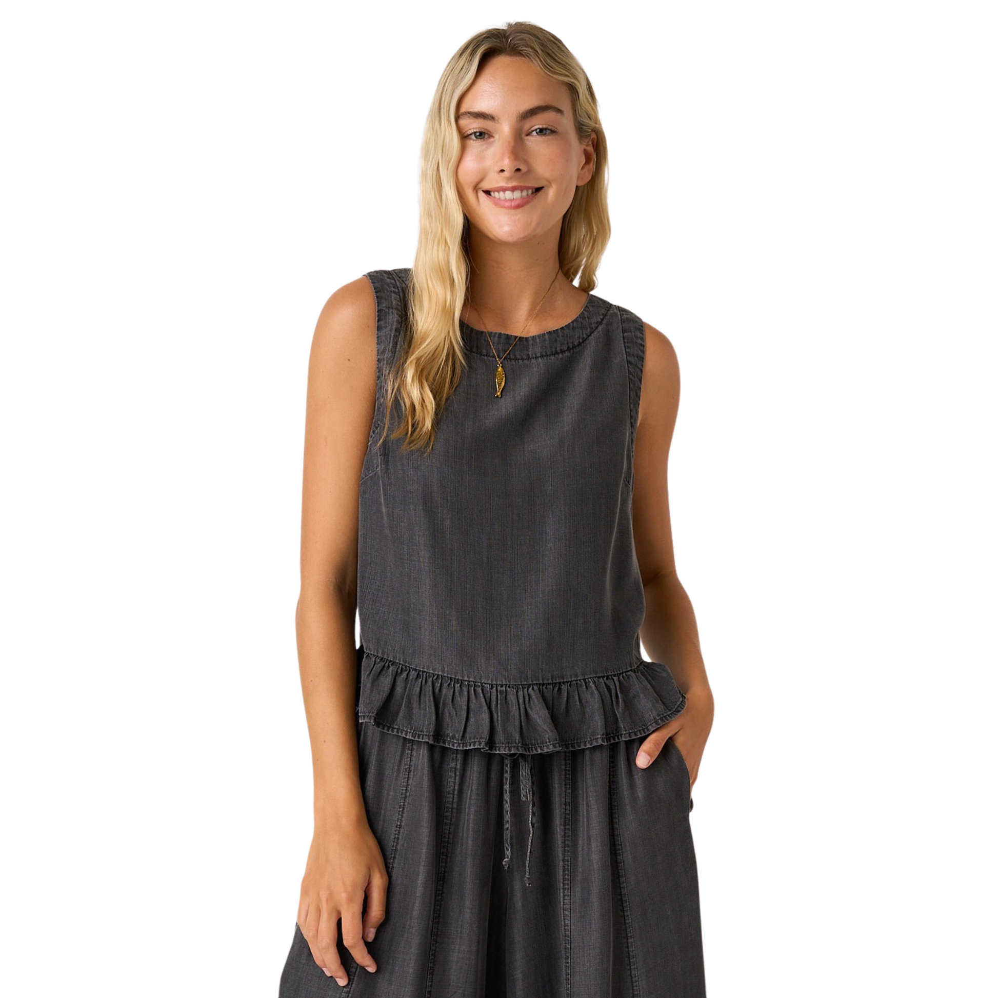 Elevate your casual wardrobe with this charming Chambray Ruffle Tank Top by Mittoshop. Crafted in crisp black chambray, this piece features delicate ruffle detailing that adds feminine flair to any outfit. The buttoned back design offers both style and practicality, making it easy to slip on and adjust for the perfect fit. Versatile enough for everyday wear or dressed up for special occasions, this tank top pairs effortlessly with jeans, skirts, or shorts.