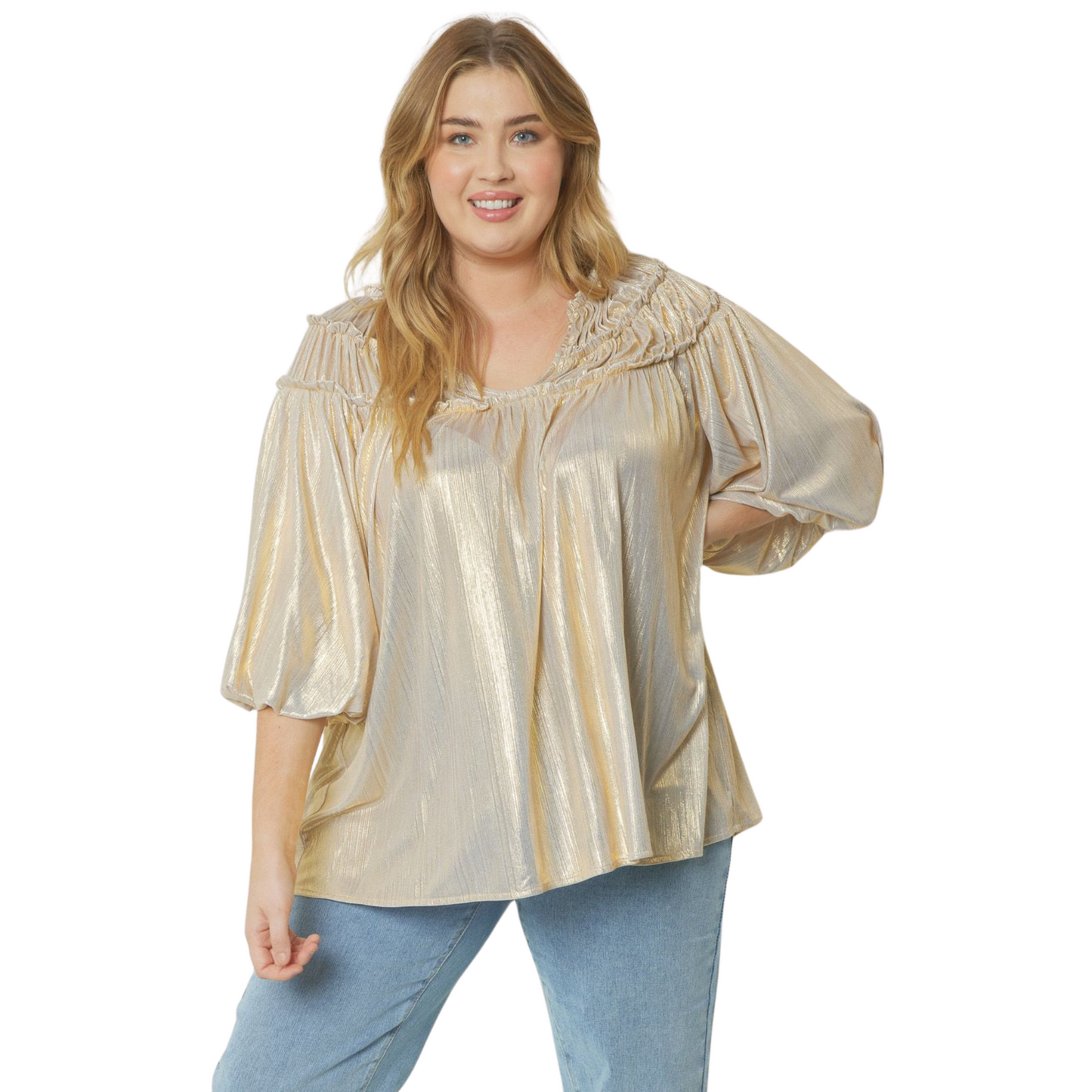 Introducing the Pleated Half Sleeve Top, the perfect addition to your wardrobe. This top not only features a stunning champagne color and pleated metallic design, but also has a lightweight and non-sheer material for comfortable wear. Its pleat detailing at the shoulders adds a touch of sophistication, making it suitable for all occasions. Available in plus size for a flattering fit.