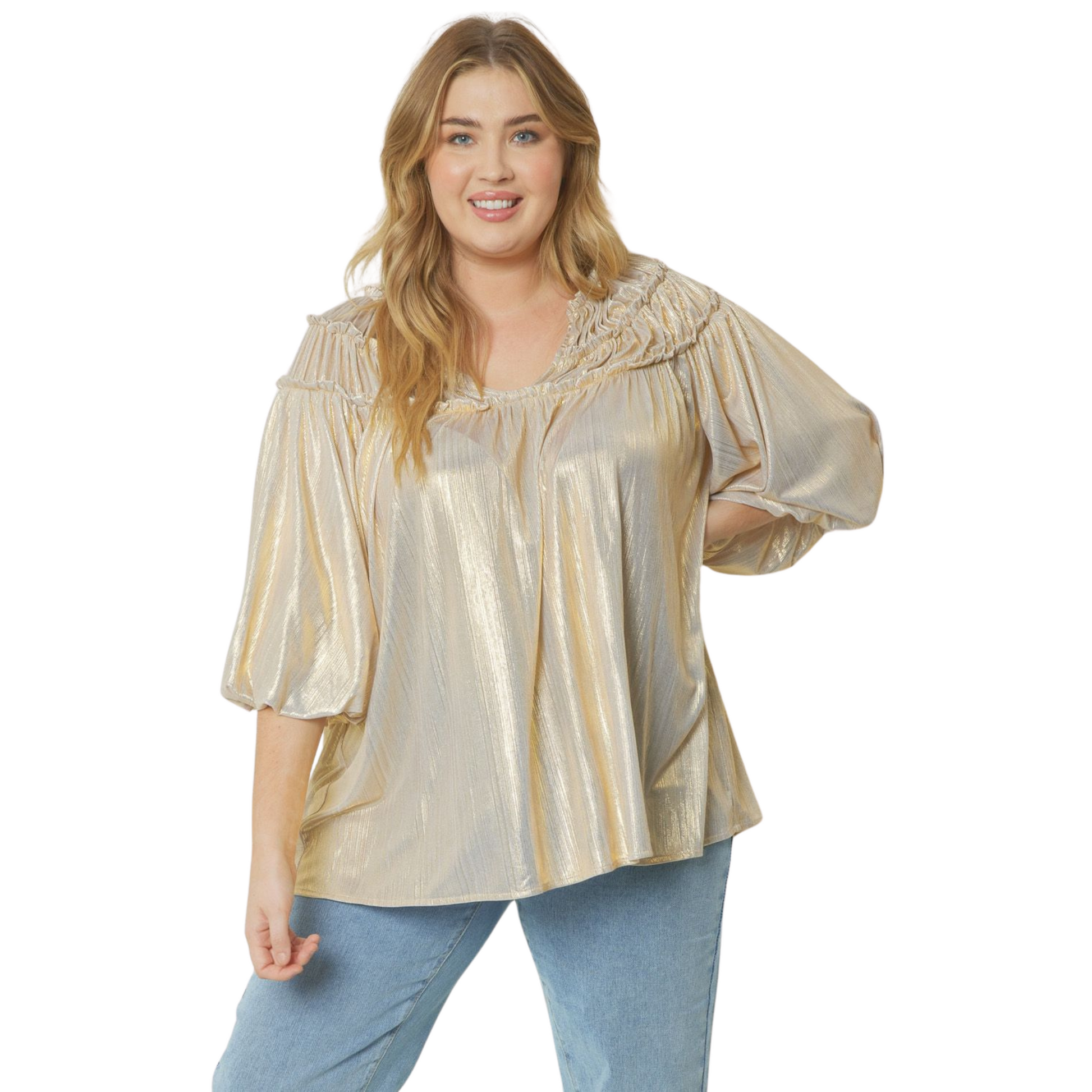 Introducing the Pleated Half Sleeve Top, the perfect addition to your wardrobe. This top not only features a stunning champagne color and pleated metallic design, but also has a lightweight and non-sheer material for comfortable wear. Its pleat detailing at the shoulders adds a touch of sophistication, making it suitable for all occasions. Available in plus size for a flattering fit.