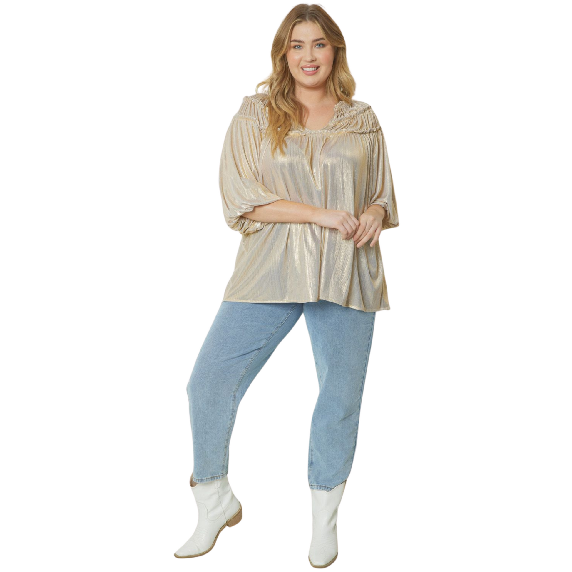 Introducing the Pleated Half Sleeve Top, the perfect addition to your wardrobe. This top not only features a stunning champagne color and pleated metallic design, but also has a lightweight and non-sheer material for comfortable wear. Its pleat detailing at the shoulders adds a touch of sophistication, making it suitable for all occasions. Available in plus size for a flattering fit.