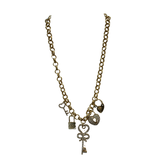 This Charm Pendant Necklace features a classic and elegant design with a gold chain and charming pendant attachments. The short length makes it perfect for layering or as a standalone piece. A versatile accessory that adds a touch of sophistication to any outfit.