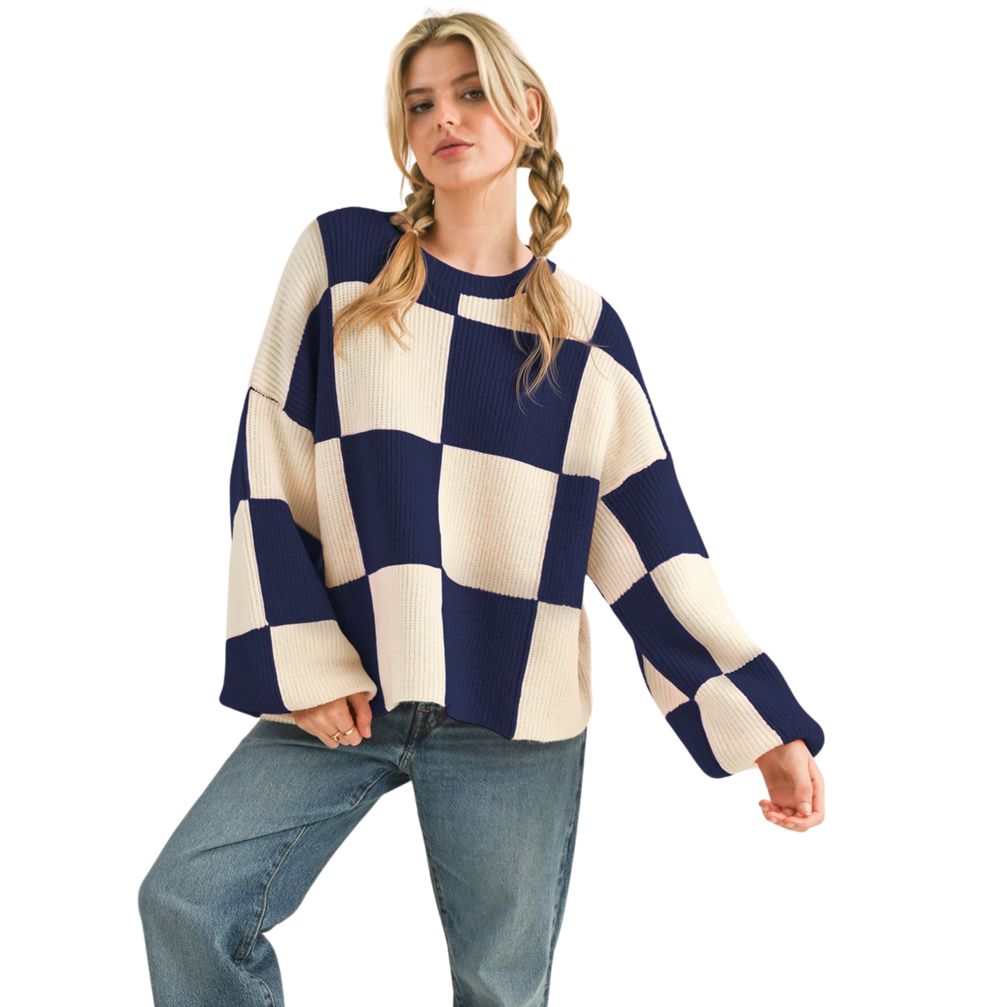 Oversized Checkerboard Pullover by &Merci combines timeless pattern appeal with contemporary silhouette. This navy long-sleeve piece features a striking checkerboard design that adds visual interest to any wardrobe. The relaxed, oversized fit provides comfort and versatility, working equally well layered or worn solo. Crafted with attention to detail, it's a wardrobe staple that transitions seamlessly across seasons and occasions.