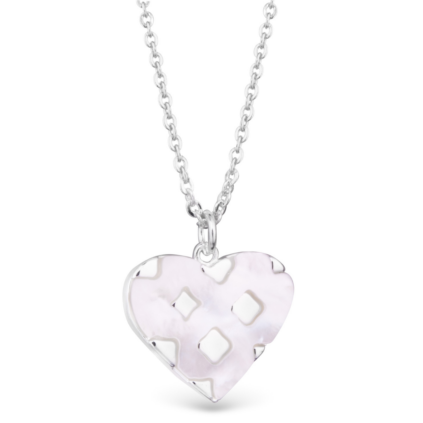 This Checkered Heart Necklace features a silver checkered design and a heart pendant with mother of pearl inlay. The elegant design is perfect for adding a touch of sophistication to any outfit. Made with high-quality materials, this necklace is a must-have for any jewelry lover.