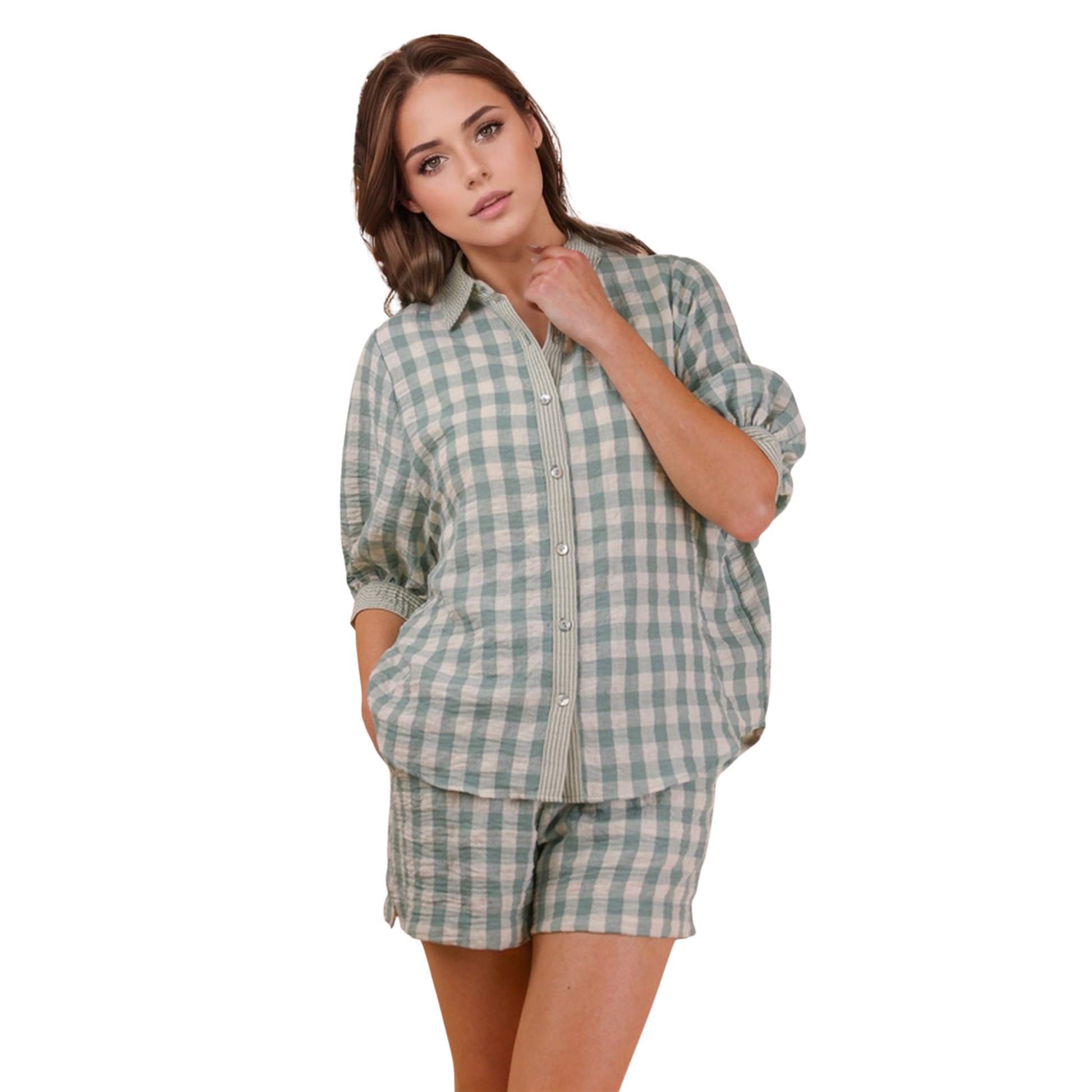 Effortless style meets comfort in this She+Sky checkered set. The short sleeve top pairs perfectly with matching shorts in a calming sage hue, creating a coordinated look that's ideal for casual days. The classic checkered pattern adds visual interest while remaining versatile enough to mix and match with your existing wardrobe. Perfect for lounging, running errands, or weekend hangouts.