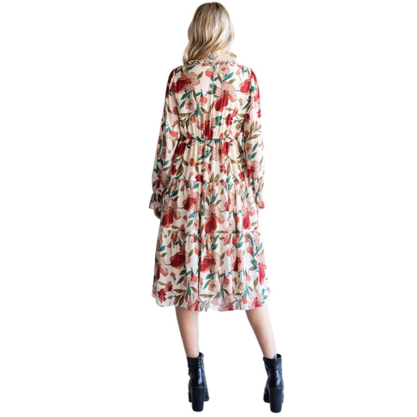 This Floral Print Chiffon Dress features a chic midi-length design with a V-neck and frilled detailing, long poet sleeves, and tiered layers. Crafted from lightweight chiffon, it is lined, non-sheer, and perfect for summer or a beach vacation.