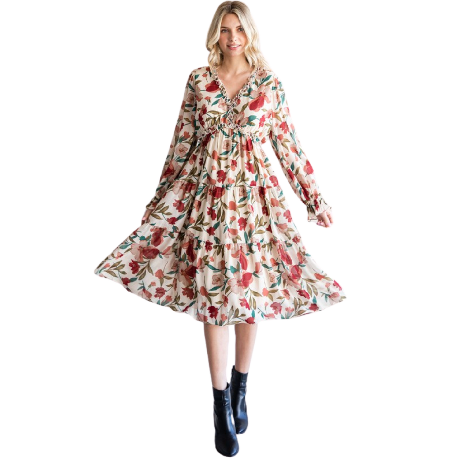 This Floral Print Chiffon Dress features a chic midi-length design with a V-neck and frilled detailing, long poet sleeves, and tiered layers. Crafted from lightweight chiffon, it is lined, non-sheer, and perfect for summer or a beach vacation.