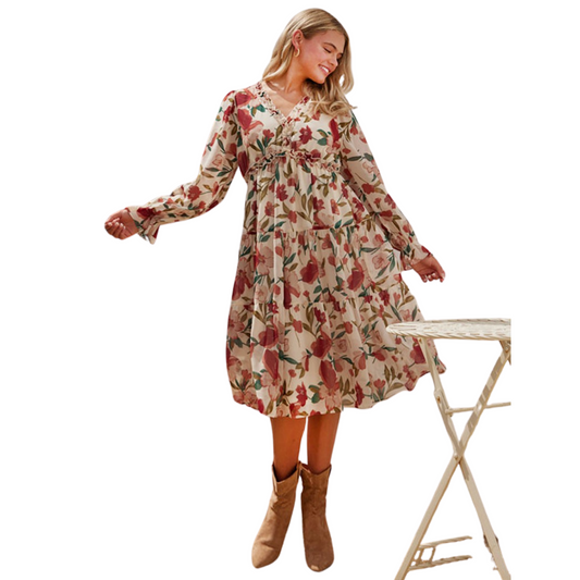 This Floral Print Chiffon Dress features a chic midi-length design with a V-neck and frilled detailing, long poet sleeves, and tiered layers. Crafted from lightweight chiffon, it is lined, non-sheer, and perfect for summer or a beach vacation.
