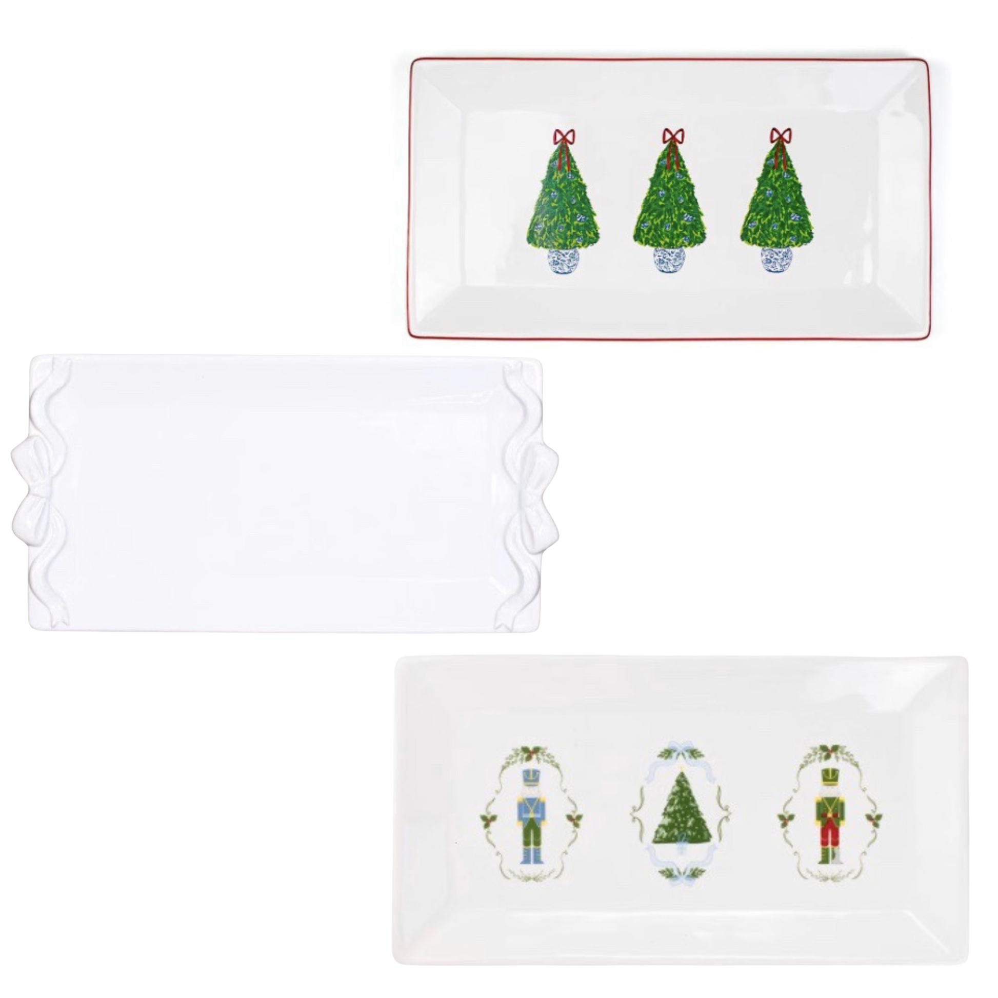 Celebrate the holiday season with these Rectangle Platters by The Royal Standard. Measuring 12" x 6.5", this elegant serving platter features a charming bowtie, nutcracker or Christmas tree design, perfect for festive gatherings. Ideal for presenting appetizers, desserts, or party treats, it combines classic Christmas spirit with practical functionality, enhancing your holiday entertaining with style and sophistication. Available in Nutcracker Waltz or Bow Embossed, or Grand Christmas Tree designs.