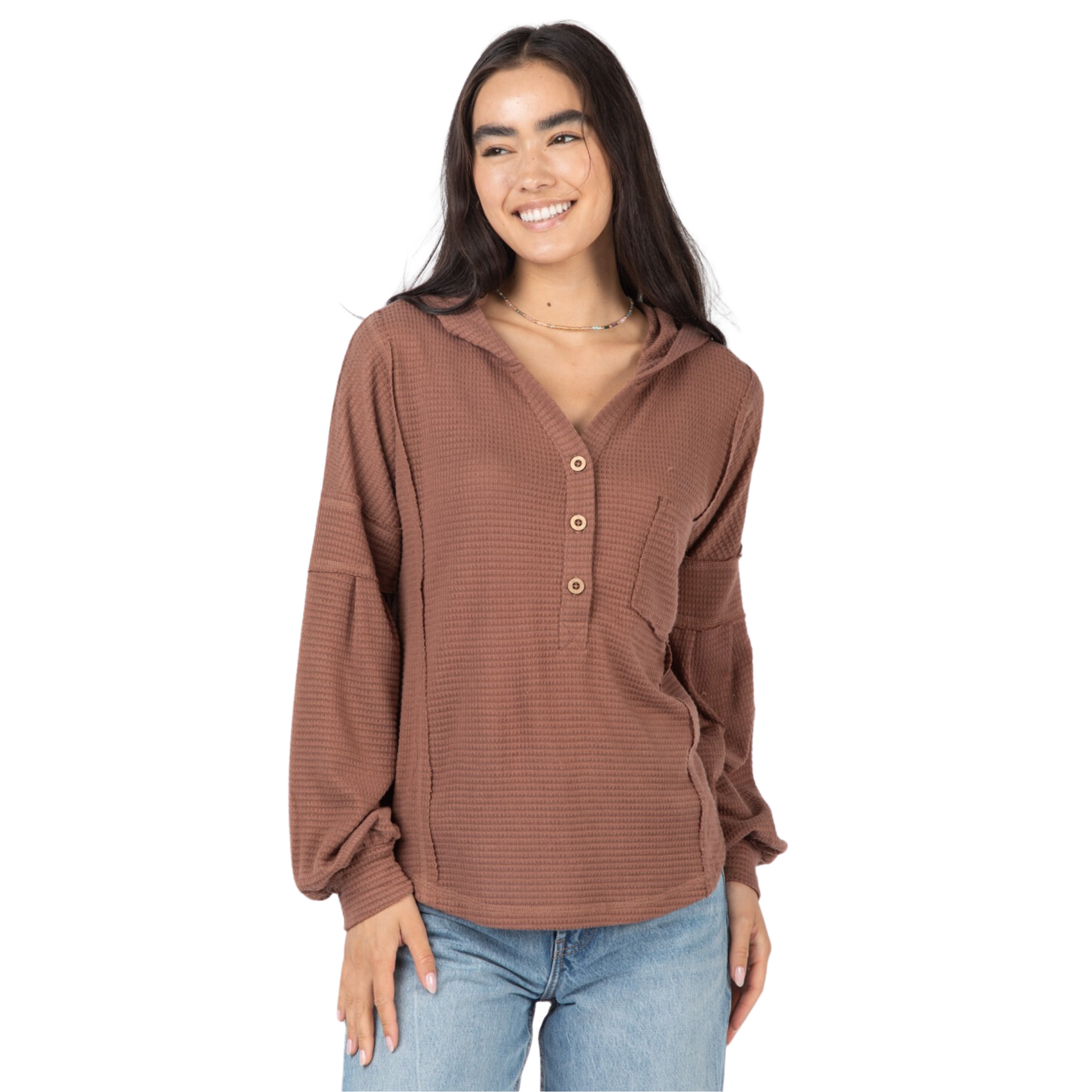 Knit henley top in cocoa