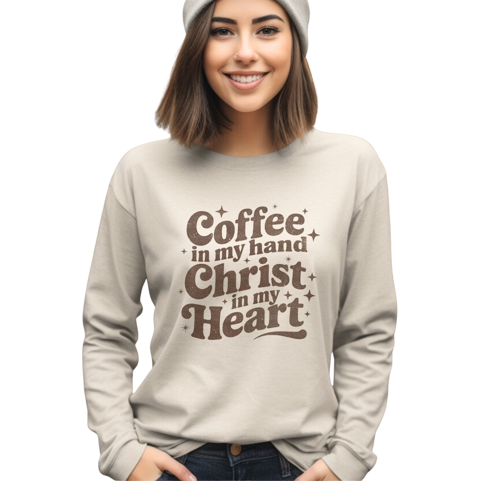 Elevate your everyday wardrobe with this meaningful graphic tee from Carmelo. Featuring a bold "Coffee in my hand, Christ in my heart" design, this long-sleeve shirt combines comfort with purposeful style. The sand color offers versatile pairing options for casual wear, while the quality construction ensures durability through regular wear. Perfect for those seeking apparel that reflects their values and faith.