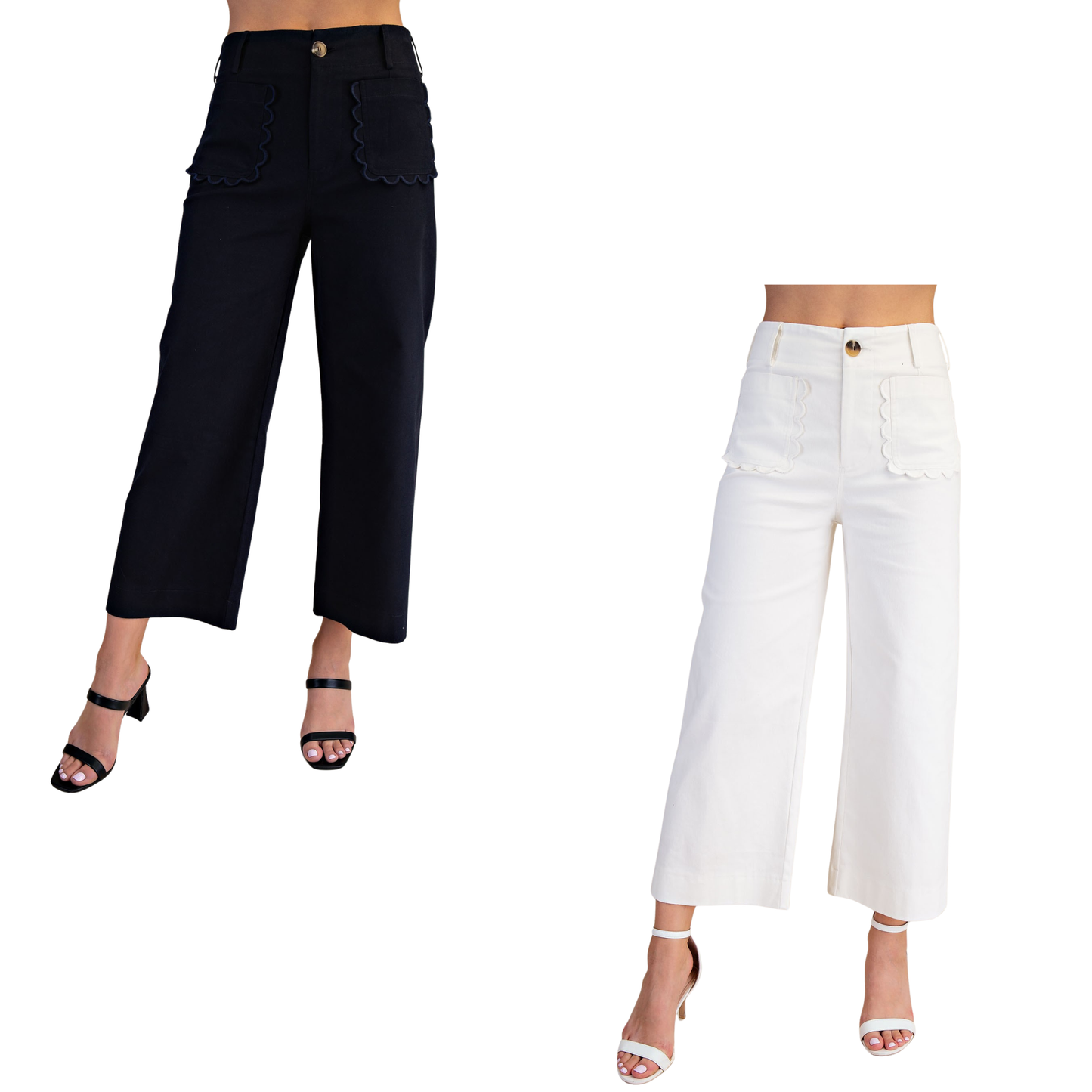Elevate your wardrobe with the Colette Wide Leg Cropped Pants by Glam. These chic pants feature a flattering wide-leg silhouette with a cropped length, perfect for showcasing your favorite footwear. The signature scallop pocket detail adds a touch of feminine elegance to this versatile piece. Available in crisp white or classic navy, the Colette pairs effortlessly with everything from casual tees to polished blouses. A modern essential for any style-conscious closet.