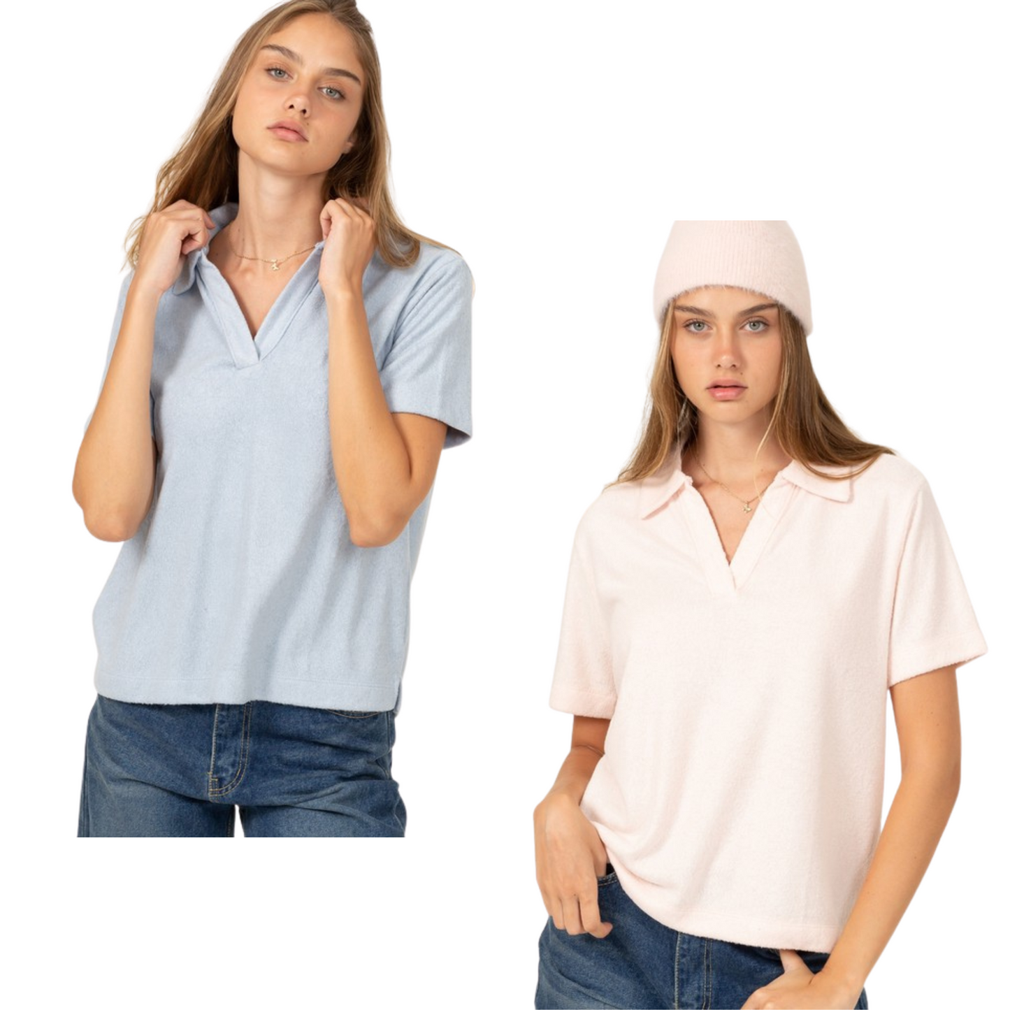 Look stylish in any season with this collared short sleeve top. Featuring a collar and short sleeves for warmth, it boasts a slightly loose fit bodice for a chic appearance. Choose from either dusty blue or pale pink to stay on-trend.