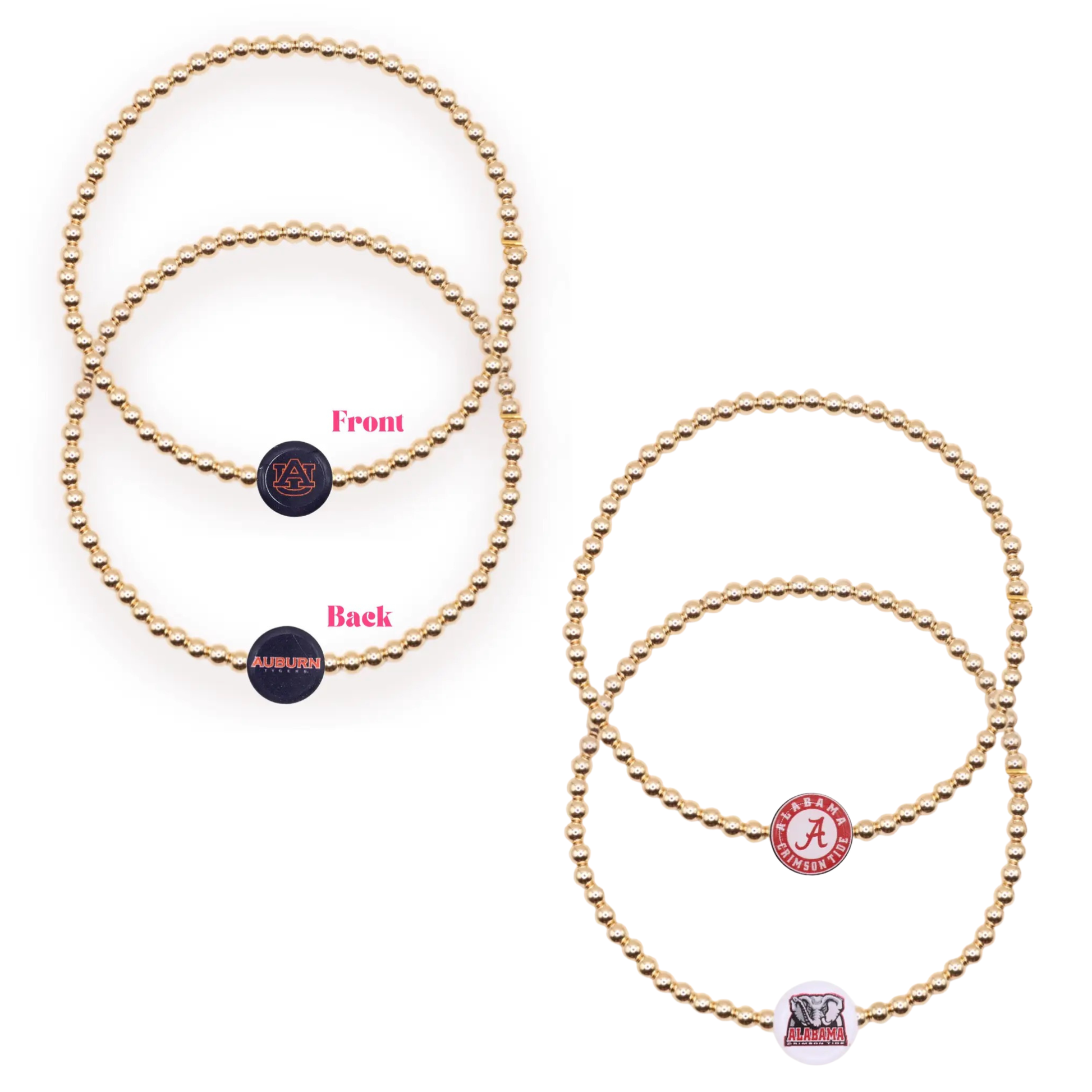 Show your school spirit with this Beaded Blondes collegiate bracelet, featuring lustrous gold beads strung together for a timeless, elegant look. Perfect for game days or everyday wear, this bracelet celebrates your pride in Auburn or Alabama. The classic gold-and-bead design complements any outfit while making a bold statement about your loyalty. Available in your choice of school colors to match your team.
