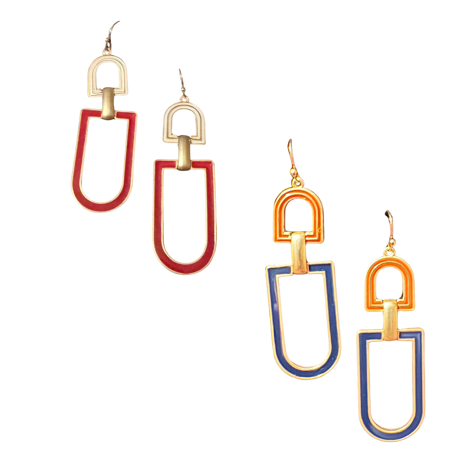 These collegiate dangle earrings are perfect for game day. Available in orange and blue or crimson and white, they add a touch of team spirit to any outfit. Made with a comfortable dangle design, these earrings are a stylish way to show off your school pride.