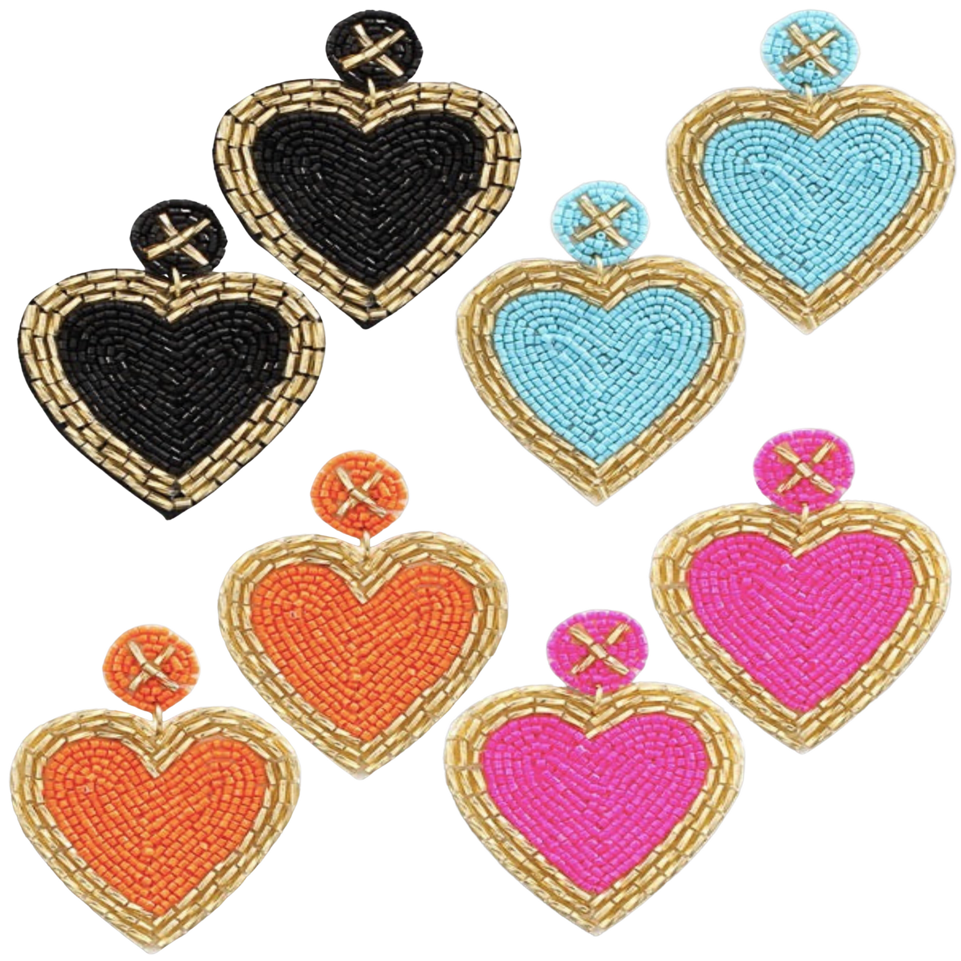 color beaded heart shaped dangle earrings with gold colored trim