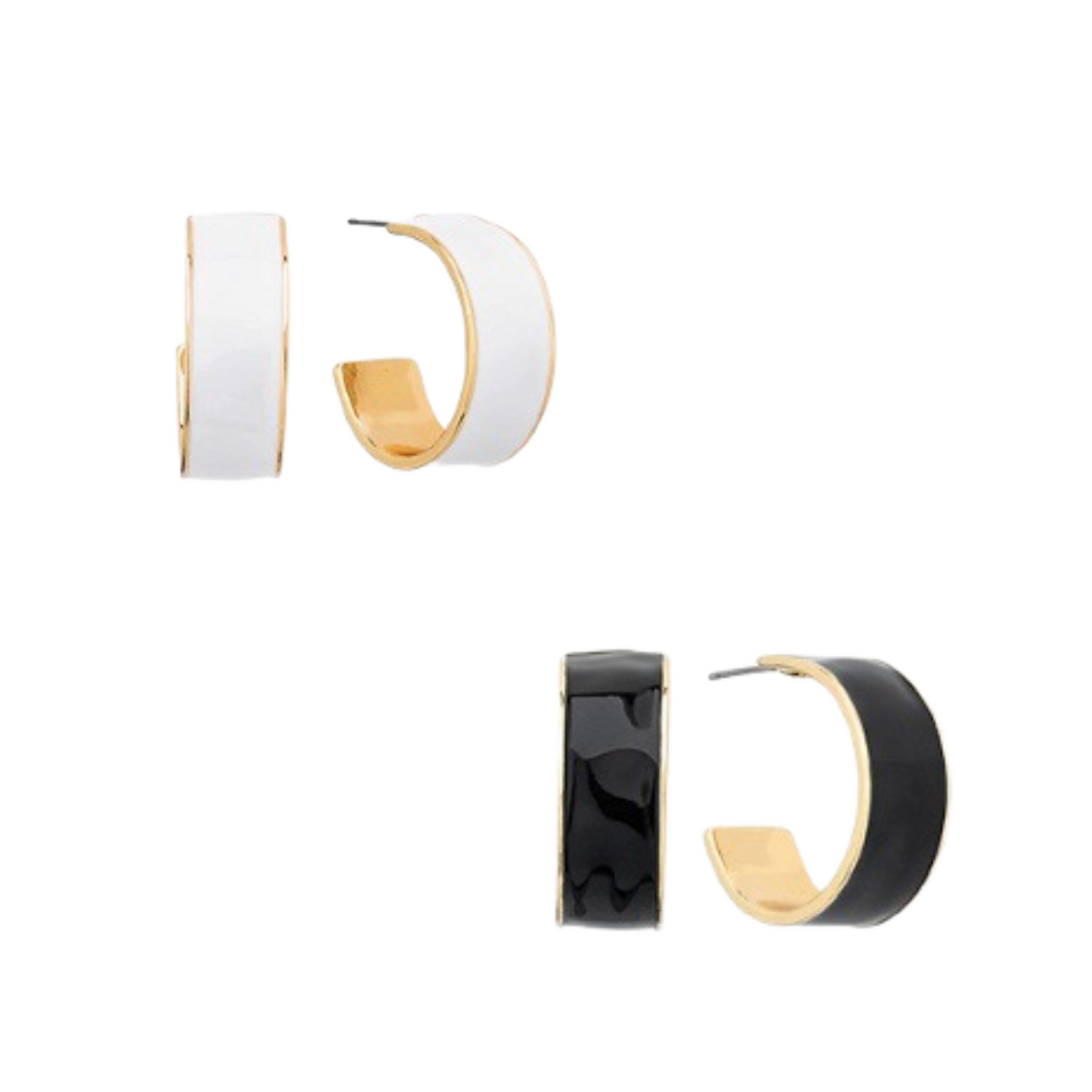 Enhance your style with our 22 mm Colored Metal Hoops. Available in white or black with gold trim, these small hoops add a touch of elegance to any outfit. Made with quality materials, they are sure to bring compliments and elevate your look.