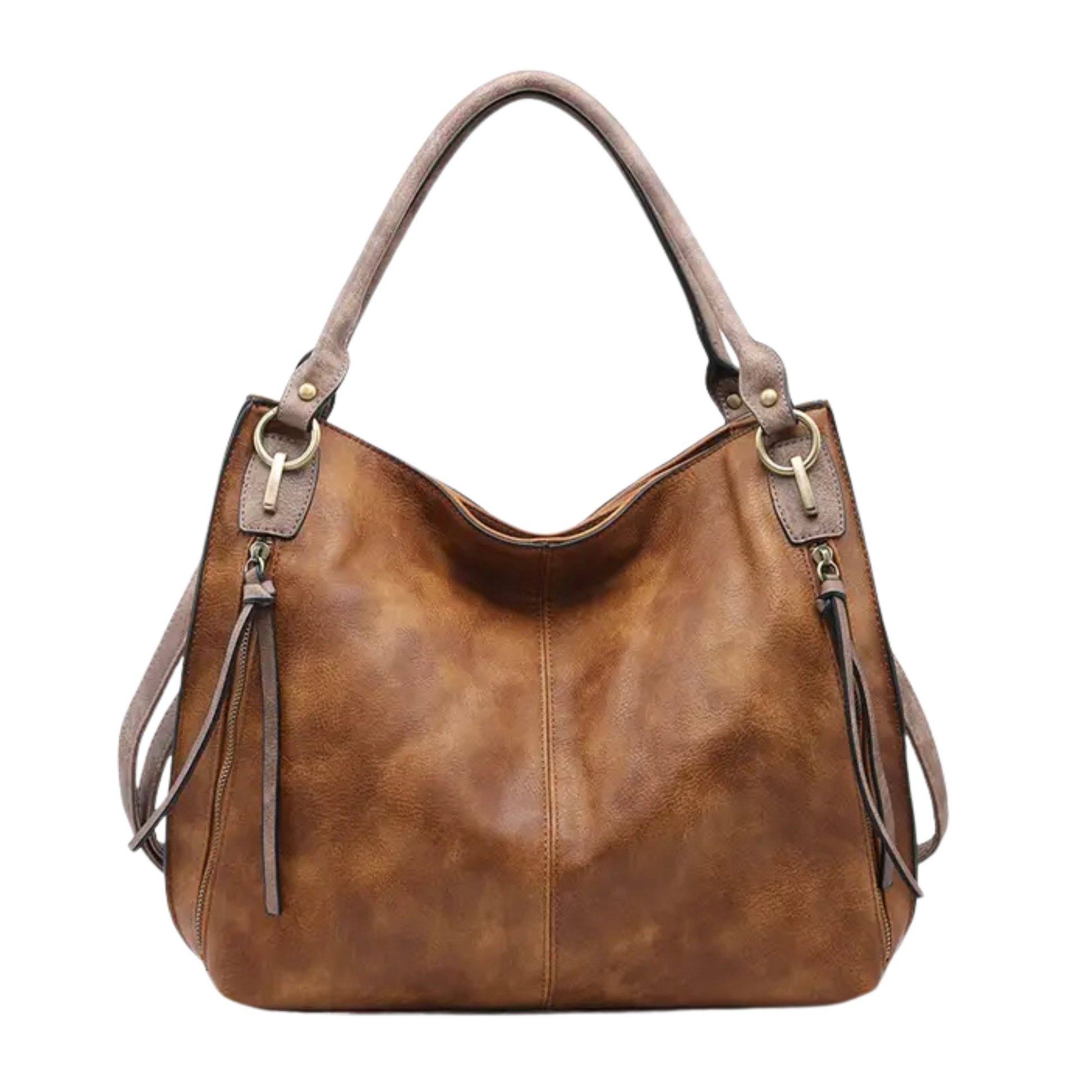 The Conner Distressed Side Pocket Tote by Jen &amp; Co. combines rugged style with practical design. Crafted in a rich brown distressed finish, this large tote offers ample space for daily essentials and features a convenient side pocket for easy access to smaller items. Its durable construction ensures long-lasting use, making it an ideal choice for those seeking both fashion and functionality in a versatile everyday bag.