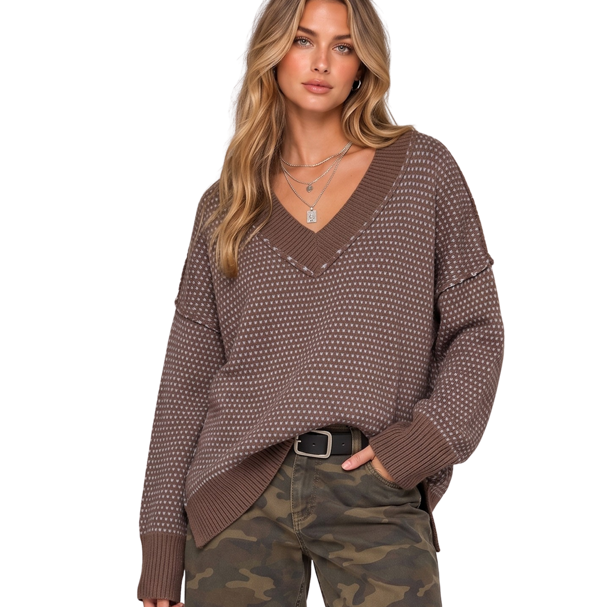 Elevate your wardrobe with this versatile Very J reversible sweater. Crafted in a rich chocolate color, it features a flattering v-neck and long sleeves for effortless layering through any season. The contrast stitching adds a refined detail, while the reversible design gives you two looks in one piece—dress it up or down depending on your mood. Perfect for transitional weather or pairing with your favorite basics.