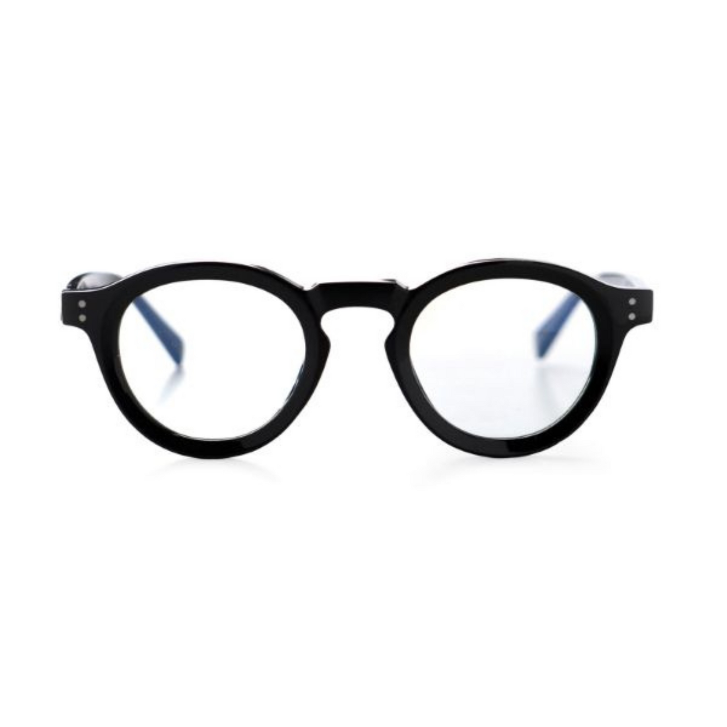 Thick black rimmed reading glasses. This style is called Cooper