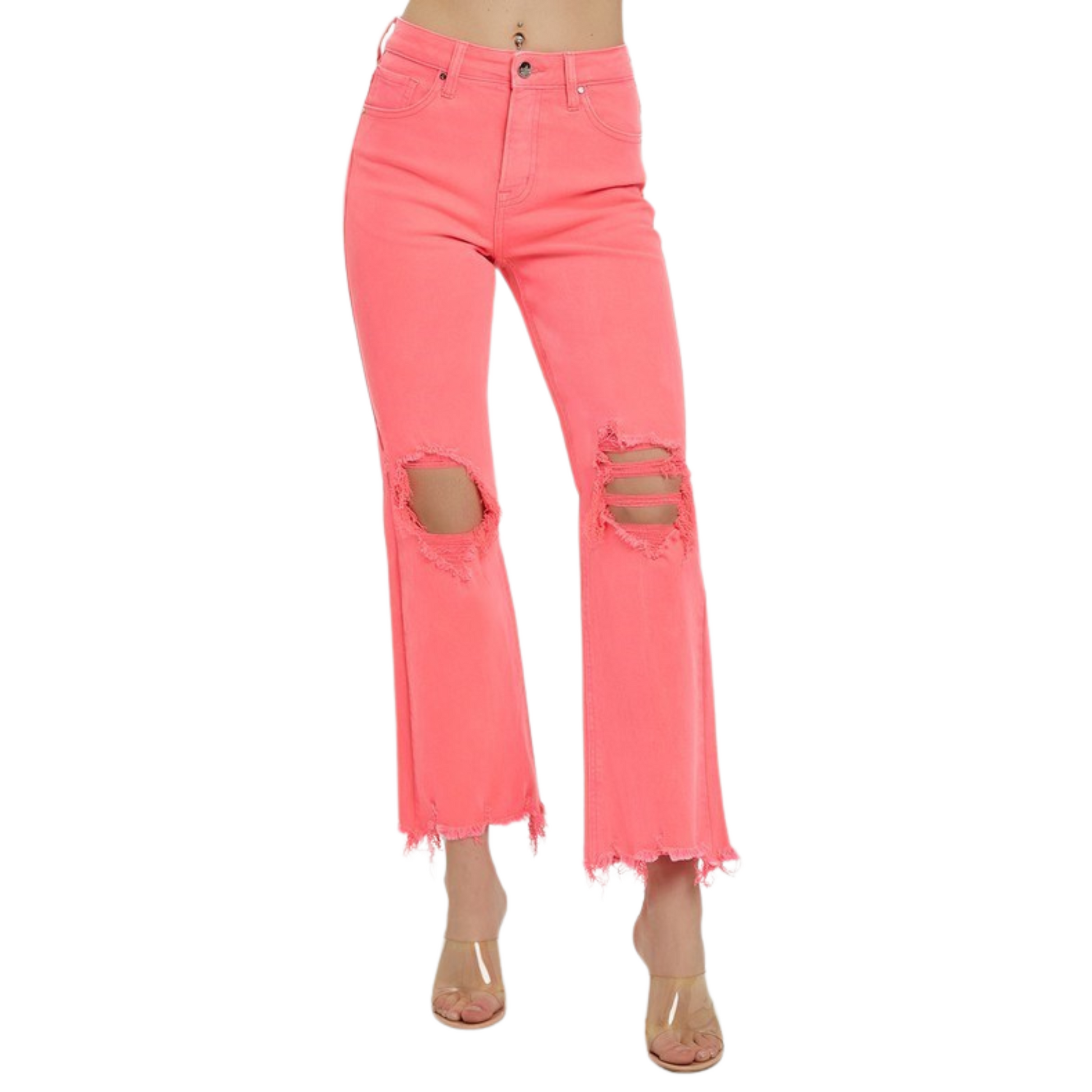 High rise distressed jeans in coral