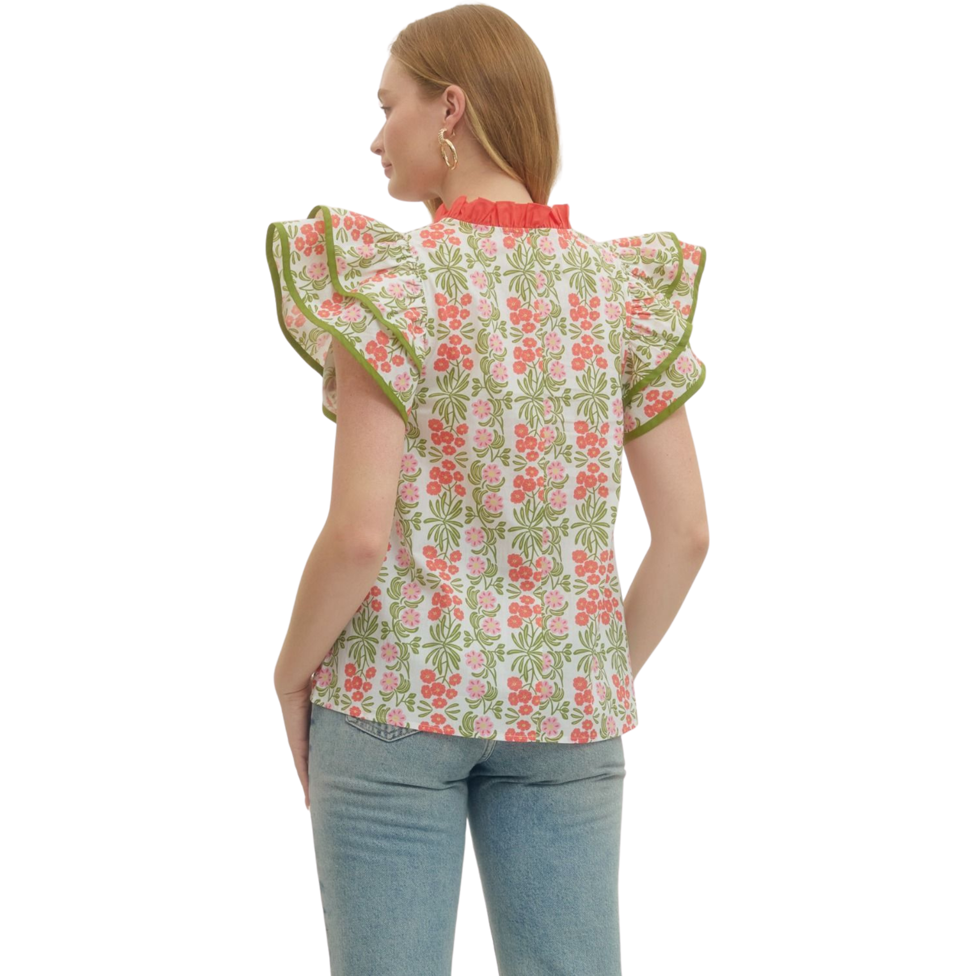 Elevate your wardrobe with this stunning Floral Print Flutter Sleeve Top by Entro. Featuring a flattering V-neckline and classic collar, this piece combines timeless style with modern charm. The delicate flutter sleeves add graceful movement, while the vibrant coral base showcases a beautiful floral print that brings life to any outfit. Perfect for casual days or dressed-up occasions, this versatile top pairs effortlessly with your favorite bottoms for a polished, put-together look.