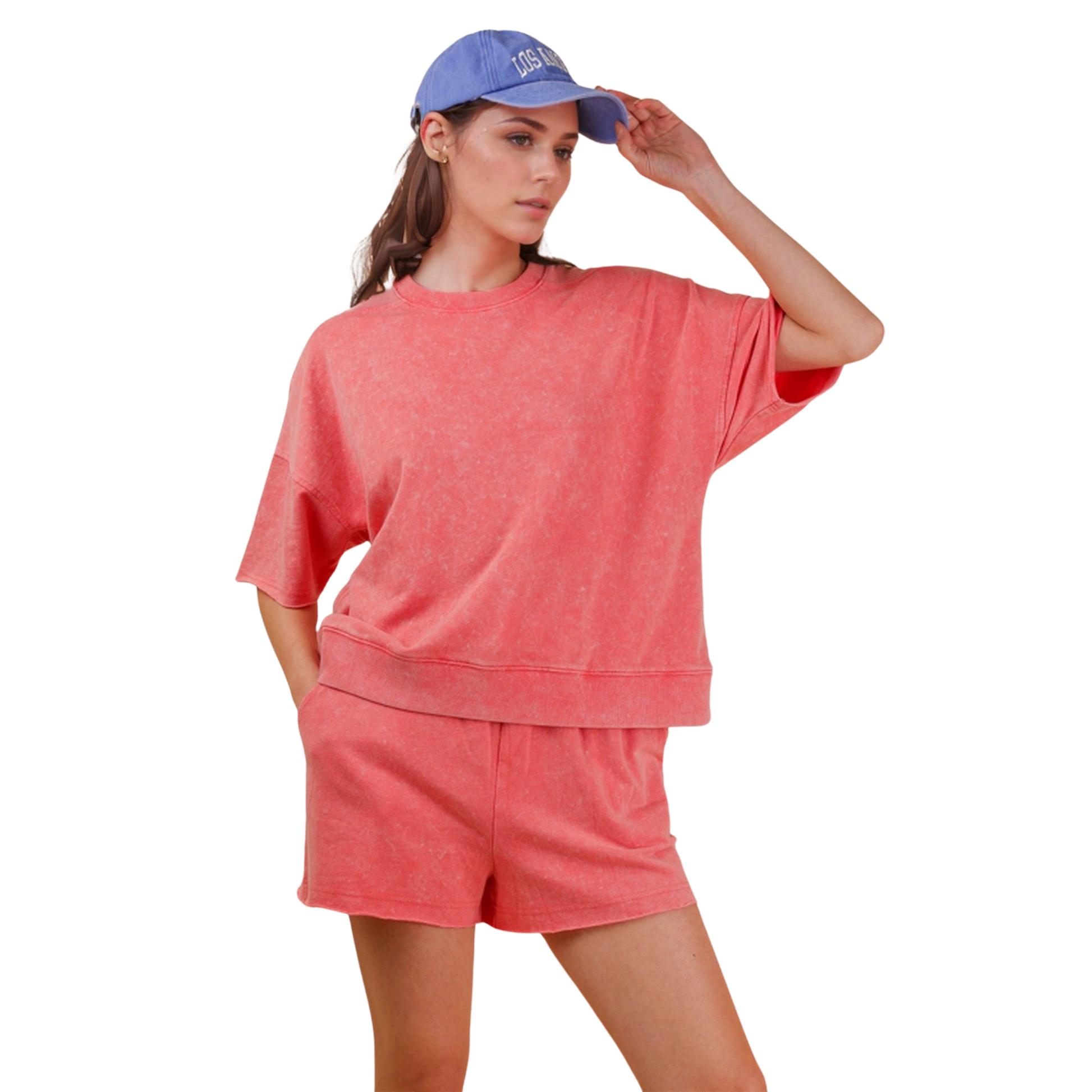 Textured Top and Shorts Set in Coral