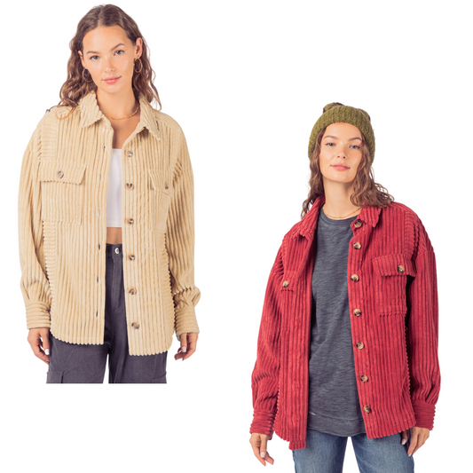 This Oversized Wide Corduroy Shirt is a must-have for any wardrobe. Featuring a shacket-style blazer with drop shoulder, button-up front, and patch pockets, you'll enjoy a comfortable, fashionable look. Cut with 100% cotton, this shirt is perfect for any occasion. Available in Brick and Cream.