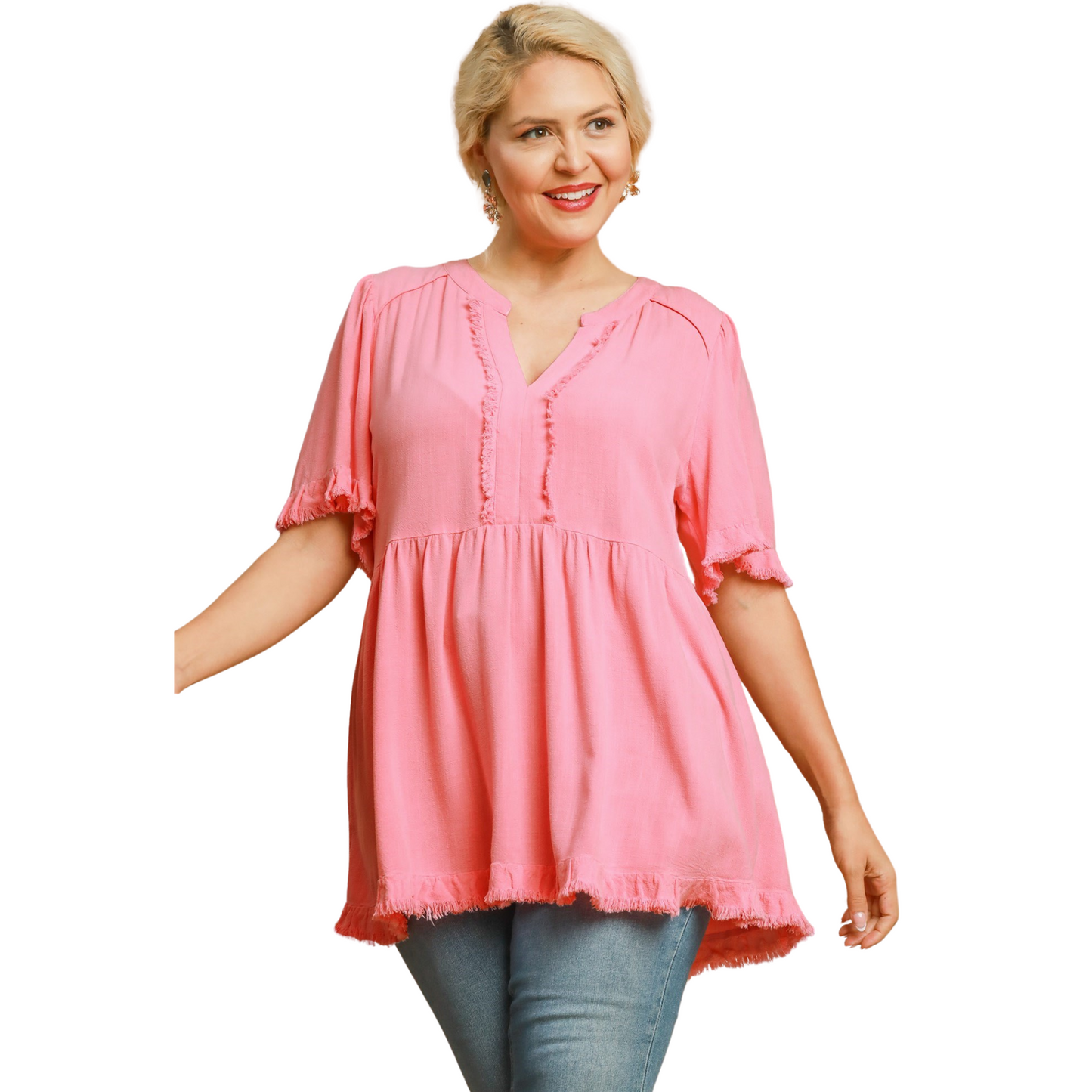 The Linen Split Neck Top by Umgee is a plus size, v-neck top in a beautiful cotton candy color. Its tiered design adds a touch of elegance, making it the perfect addition to any wardrobe. Stay stylish and comfortable in this top from a trusted brand.