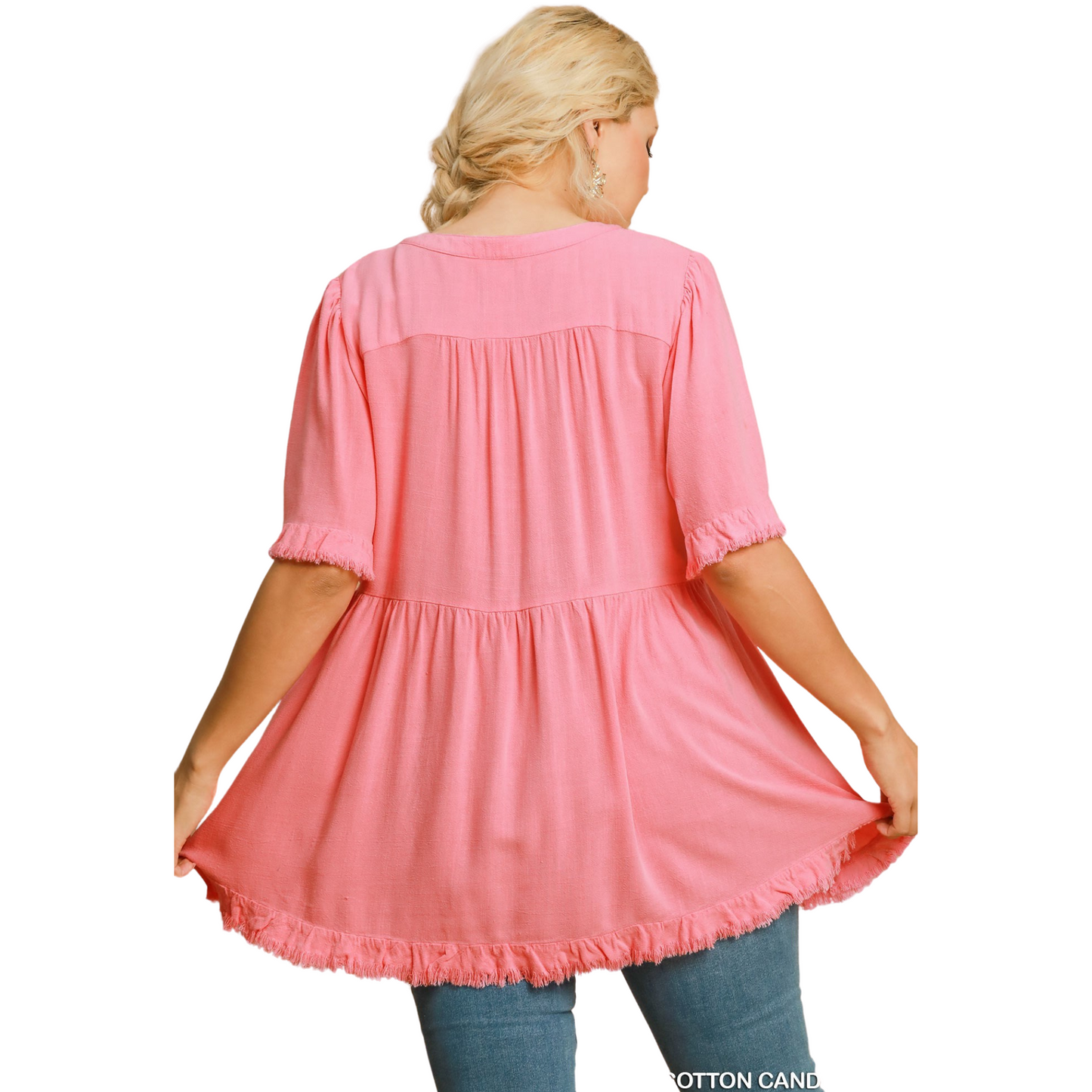 The Linen Split Neck Top by Umgee is a plus size, v-neck top in a beautiful cotton candy color. Its tiered design adds a touch of elegance, making it the perfect addition to any wardrobe. Stay stylish and comfortable in this top from a trusted brand.