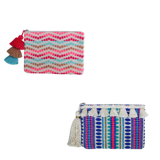 Introducing our handwoven Faith Cotton Pouch, available in two vibrant color options: turquoise/pink or blue/purple. The intricate fringe design and tassel zipper trim add a touch of bohemian flair. Made of soft, durable cotton, this pouch is perfect for storing small items and adding a pop of color to your everyday essentials.