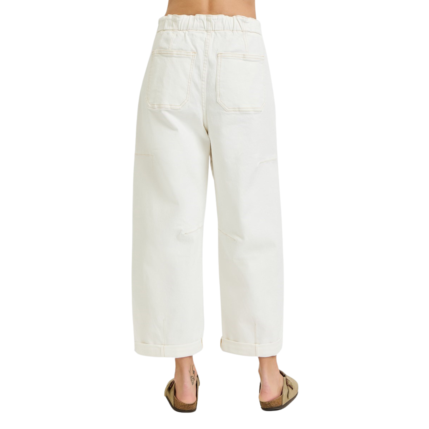 Elevate your casual wardrobe with these High Rise Barrel Pants from Risen. Crafted in a soft cream color, these cropped wide-leg pants feature functional cargo pockets and a comfortable cuffed hem. The stretchy fabric moves with you throughout the day, while the high-rise cut flatters your silhouette. Perfect for effortless, on-trend styling.