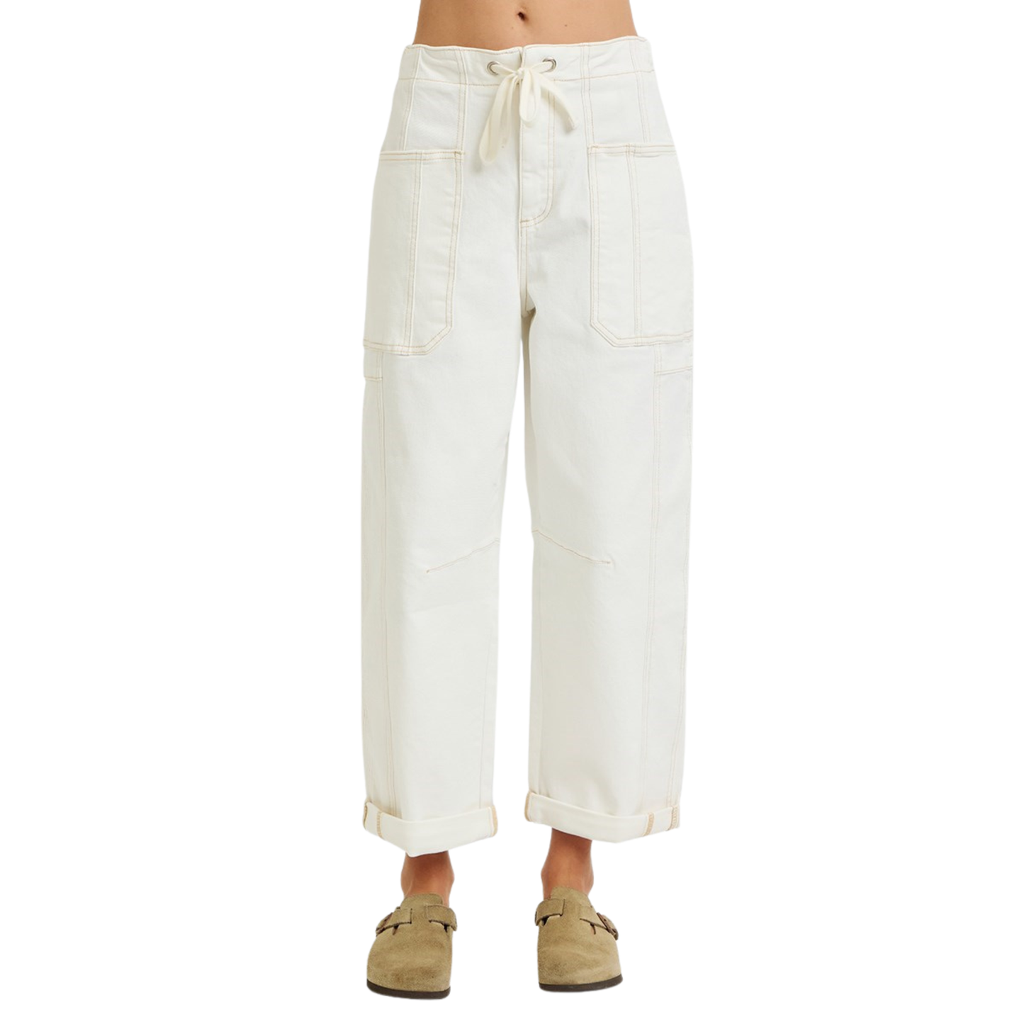 Elevate your casual wardrobe with these High Rise Barrel Pants from Risen. Crafted in a soft cream color, these cropped wide-leg pants feature functional cargo pockets and a comfortable cuffed hem. The stretchy fabric moves with you throughout the day, while the high-rise cut flatters your silhouette. Perfect for effortless, on-trend styling.