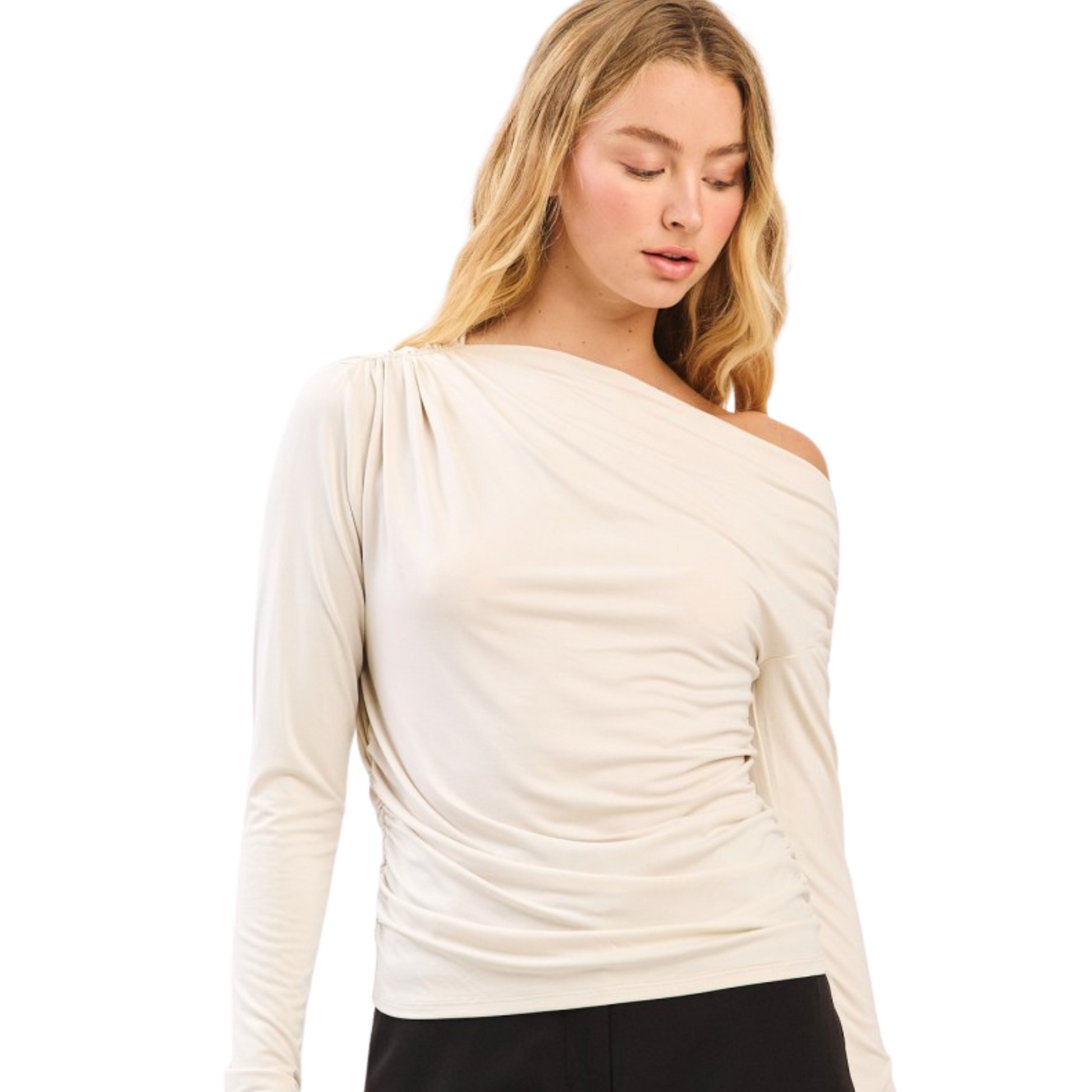 Long Sleeve Drape Knit Top in Cream