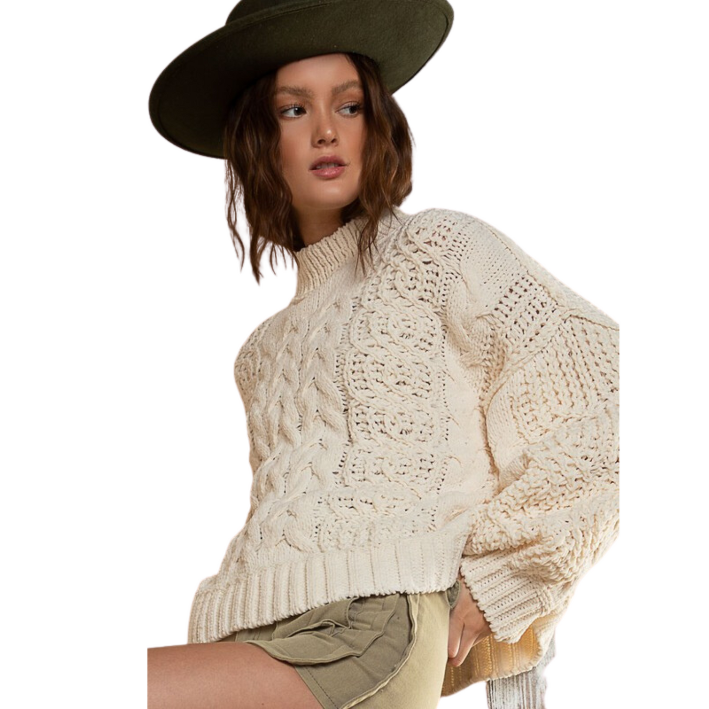 Mock Neck Cable Knit Sweater in Cream