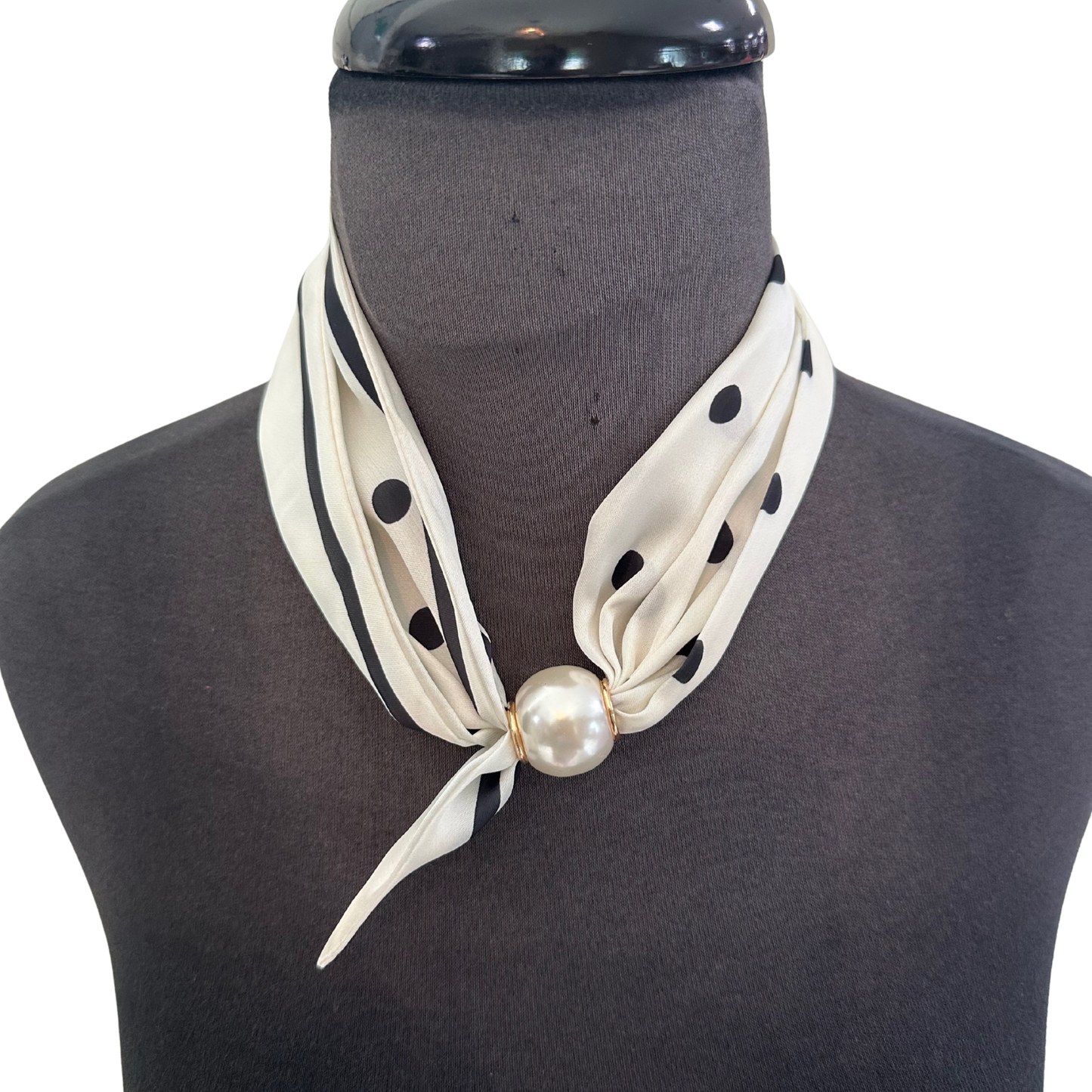 Scarf Necklace with Pearl accent in Cream Polka Dot