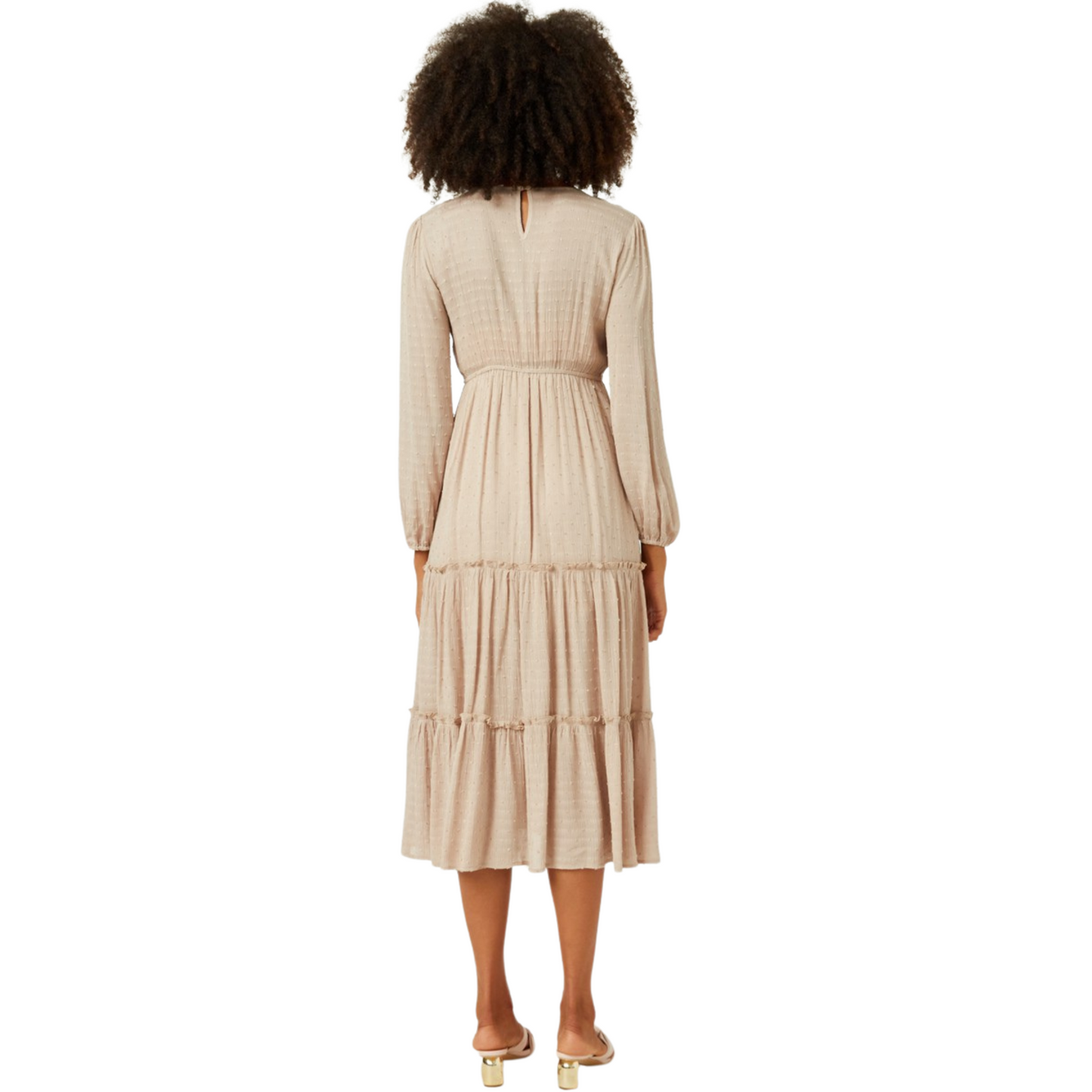 This fashion-forward Swiss dot tiered dress is perfect for any occasion. Made of lightweight woven fabric, this cream-colored maxi dress features a flattering v-neckline, back keyhole closure, and a dress lining for added comfort. Enjoy a feminine and timeless look!