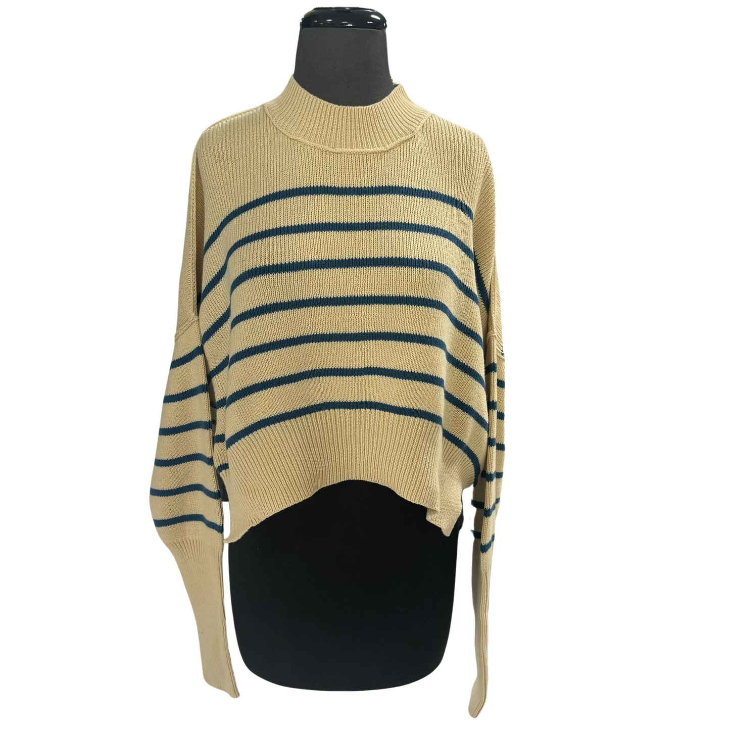 Expertly crafted by HYFVE, this beige and blue striped cropped knit sweater is the perfect addition to any wardrobe. The rib knit design provides a comfortable and flattering fit, making it a versatile piece for any occasion. Stay on-trend with this must-have top.