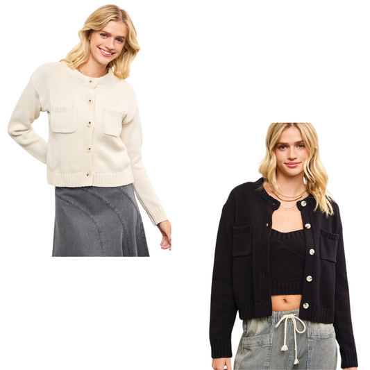 Stay on trend with our Ribbed Button Up Cropped Sweater from Mustard Seed. Available in off white or black, this versatile piece features a button-up front, classic crew neck, and a chic cropped design. The ribbed knit adds texture and dimension to your look. Stay stylish and comfortable with this must-have sweater.