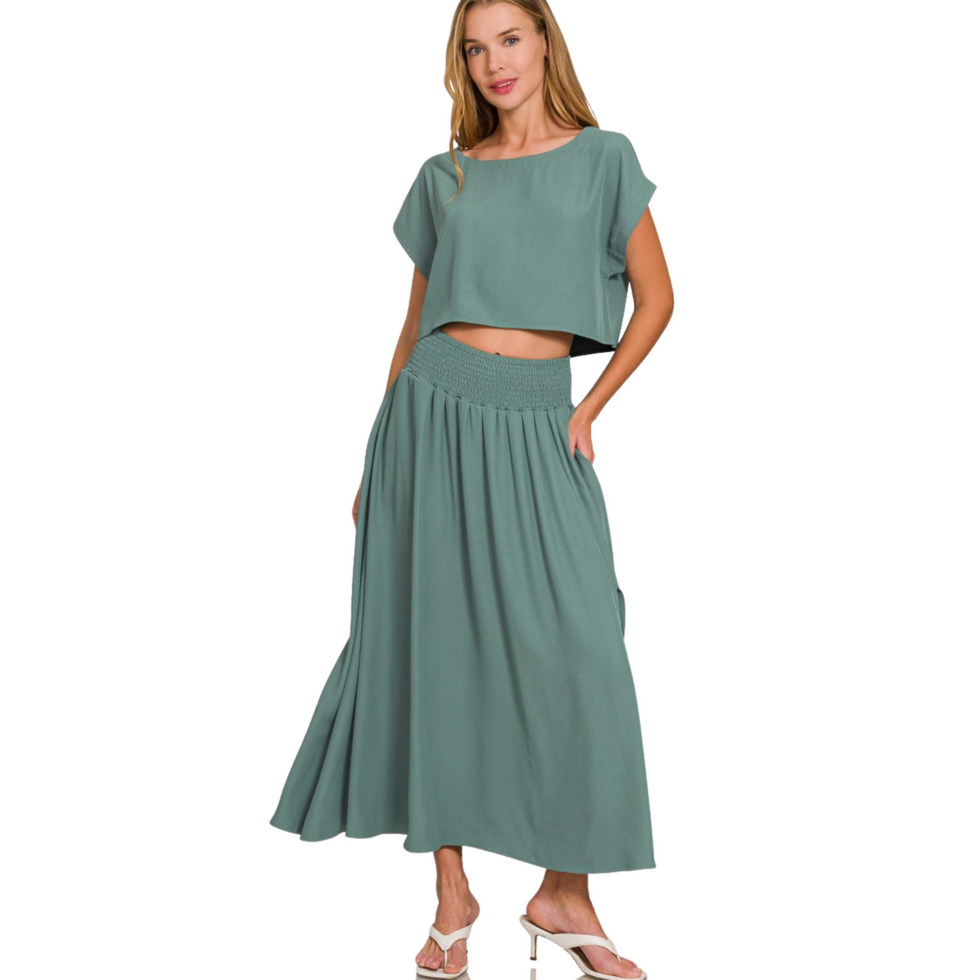 Cropped Tee and Skirt set in ash jade color