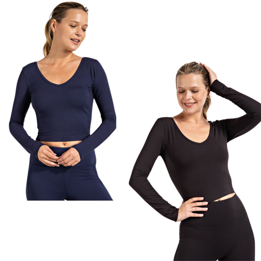 Be comfortable and stylish with our plus size V-Neck Cropped Yoga Top. This feminine top is form fitting and features a deep V-neck. The long sleeves provide warmth and coverage, while the cropped fit is perfect for a variety of activities. Available in Navy and Black.