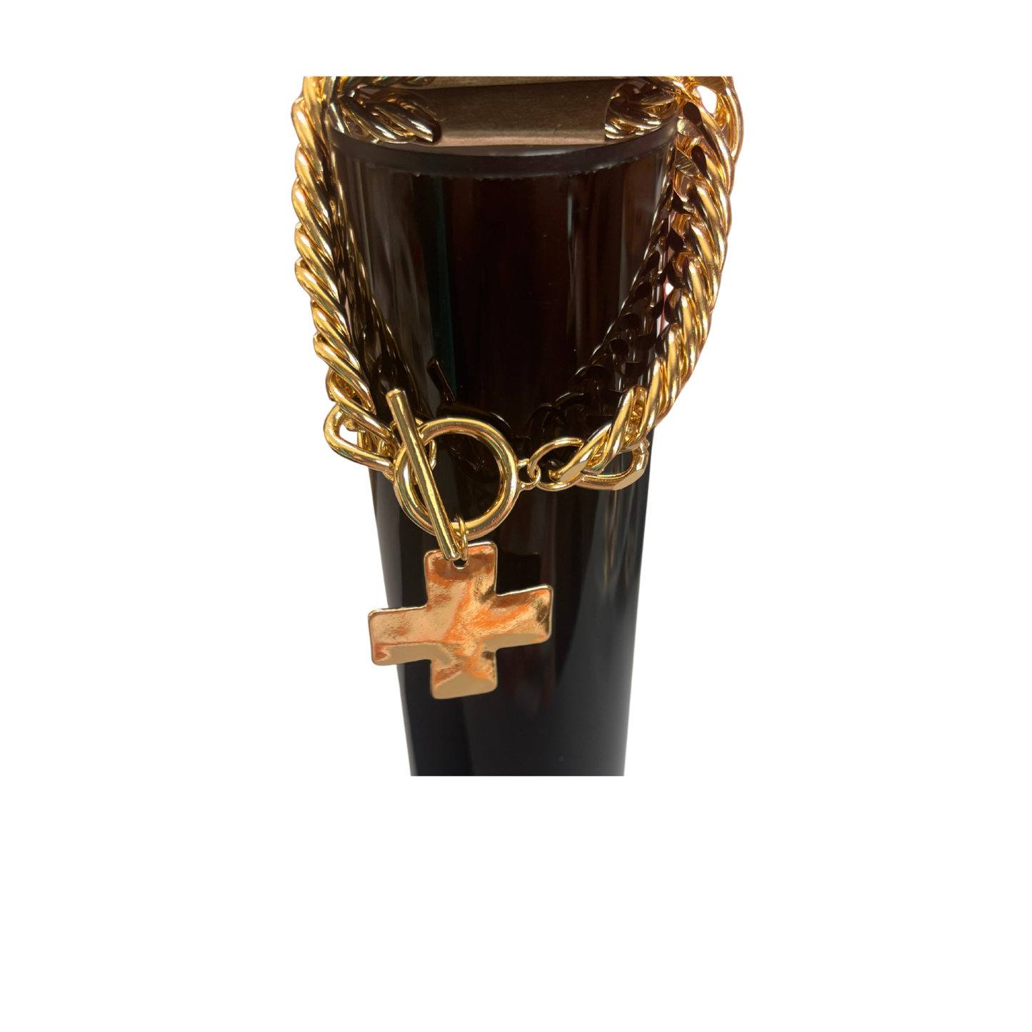 Elevate your everyday style with this stunning Chain Link Cross Bracelet from Perdido Gems. Crafted in lustrous gold, this piece features an intricate chain link design anchored by a striking cross pendant. The timeless combination of delicate chains and meaningful symbolism makes it perfect for layering or wearing solo. A versatile accessory that transitions seamlessly from casual to formal occasions, this bracelet adds a touch of sophistication and spiritual elegance to any outfit.